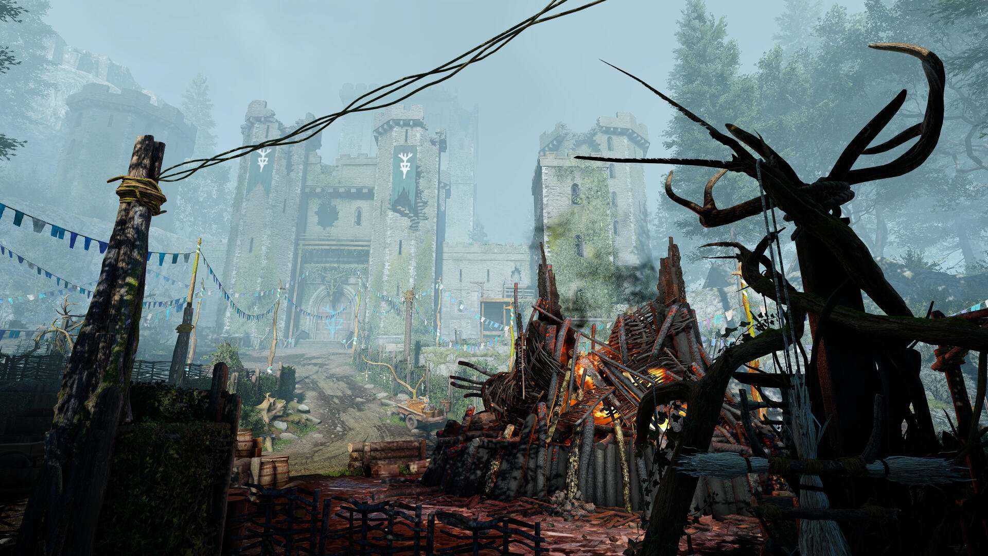 A stunning 4K Ultra HD wallpaper showcasing a dark, atmospheric scene from the video game Atomfall, featuring a mysterious fortress surrounded by twisted trees and eerie details.