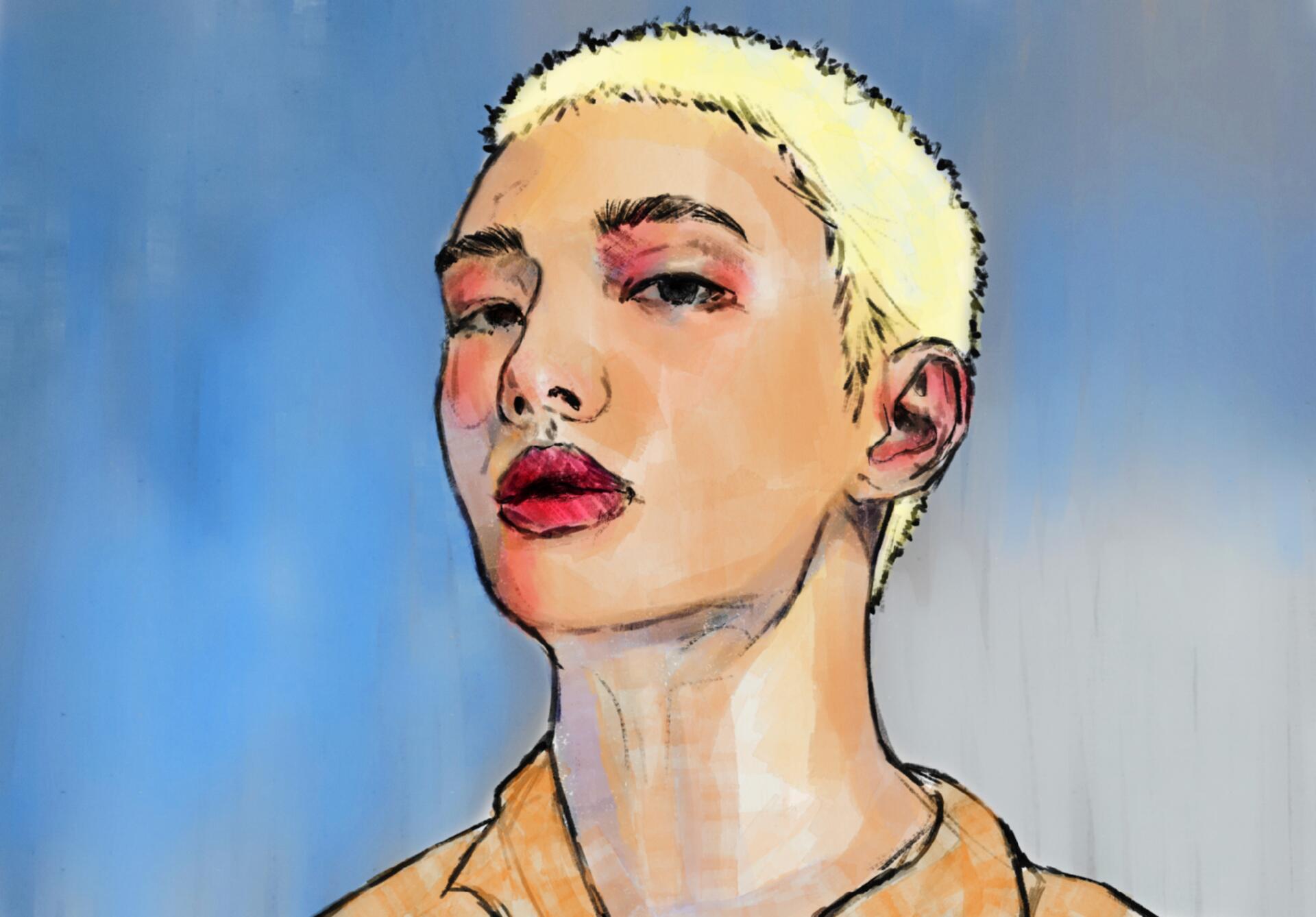 Stylized portrait of a blond, short-haired singer with bold eye makeup and red lips against a soft blue backdrop — 4K Ultra HD PC desktop wallpaper. Identity not confirmed.