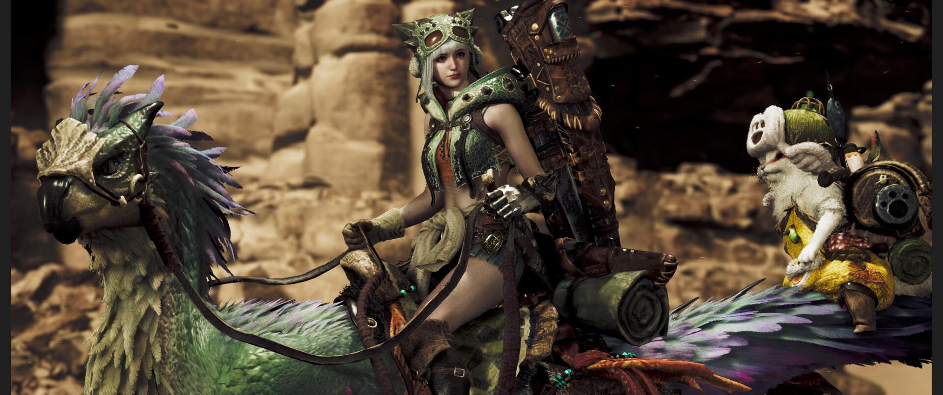 A detailed HD wallpaper featuring a character from Monster Hunter Wilds, riding a Chocobo from Final Fantasy, set against a rugged, natural backdrop.