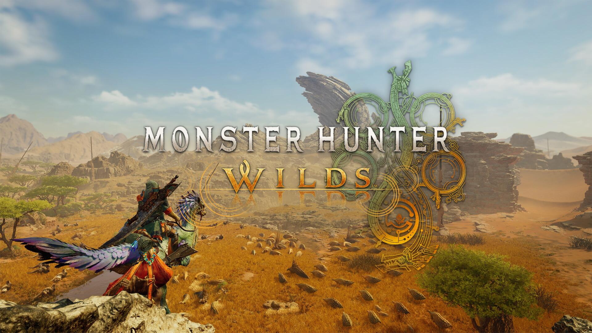 A 4K Ultra HD desktop wallpaper from the video game Monster Hunter Wilds, featuring a stunning landscape and the game’s title prominently displayed in the foreground.