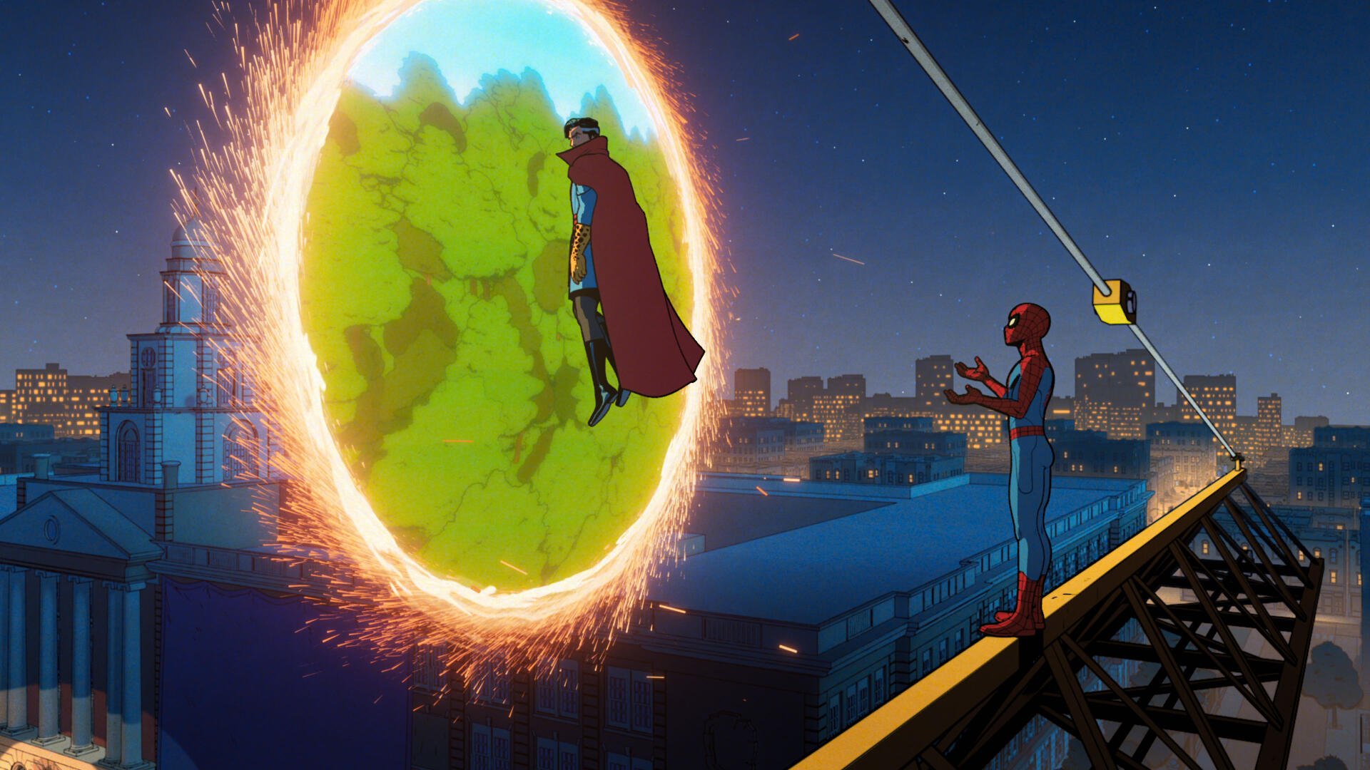 Spider-Man stands on a city rooftop, watching Doctor Strange as he emerges from a vibrant portal. Captured in a 4K Ultra HD quality, this image is a vibrant tribute to the TV show, Your Friendly Neighborhood Spider-Man.
