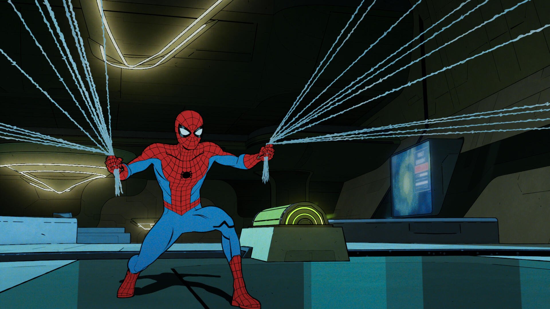 Spider-Man strikes a dynamic pose, shooting webs from his hands in a scene from Your Friendly Neighborhood Spider-Man. The image showcases vibrant animation in 4K Ultra HD.