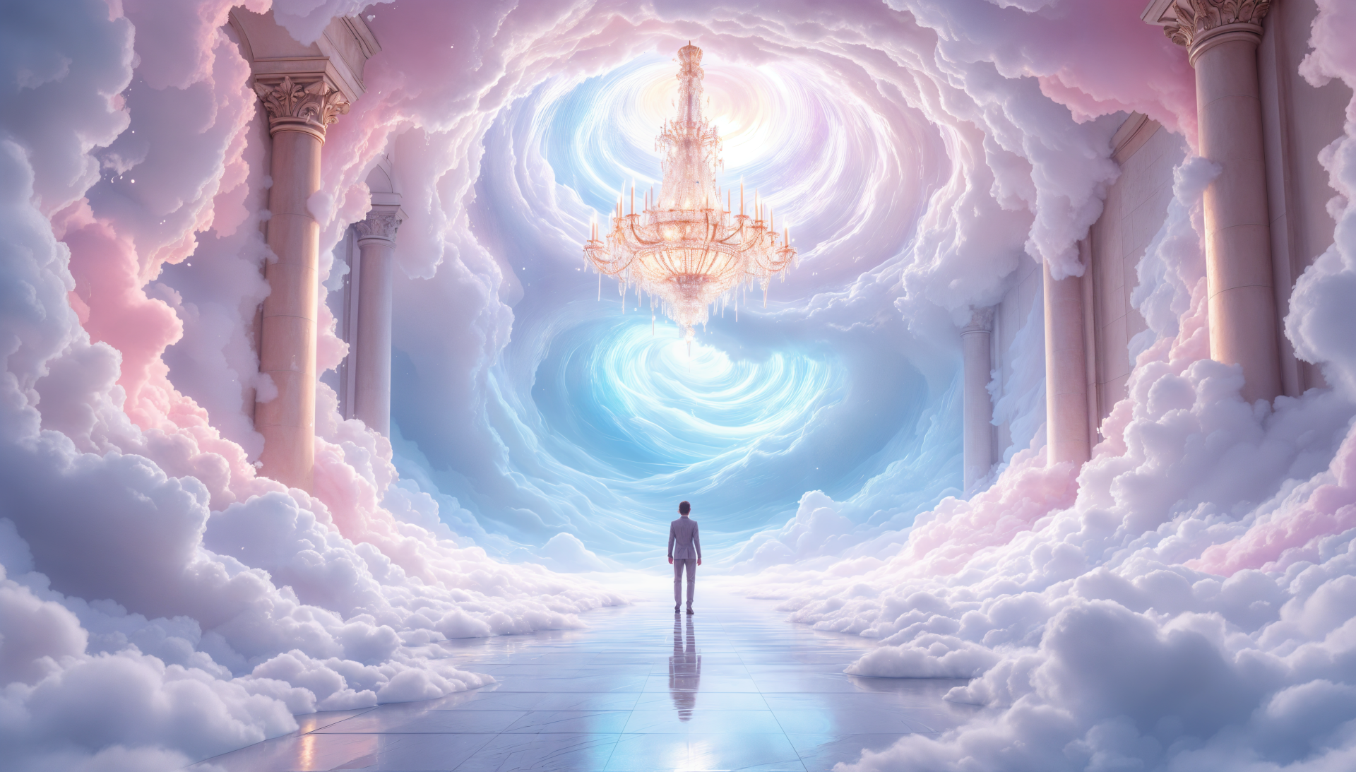 A dreamy ballroom scene featuring a luminous chandelier and soft clouds in a pastel sky, creating a serene and enchanting atmosphere. 4K Ultra HD PC desktop wallpaper.