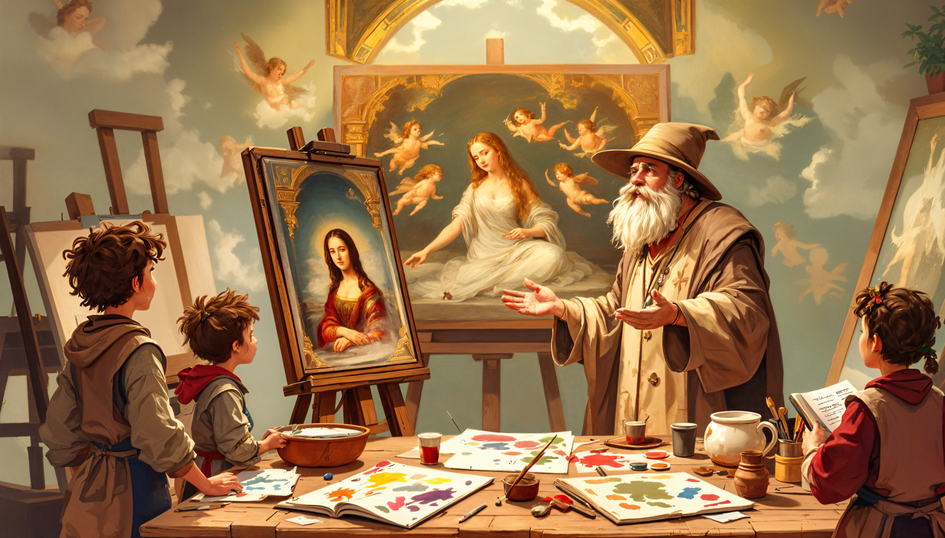 A vibrant Renaissance scene featuring an elderly artist teaching two children in an art studio, with paintings of angels and a woman in a flowing gown in the background. 4K Ultra HD wallpaper.