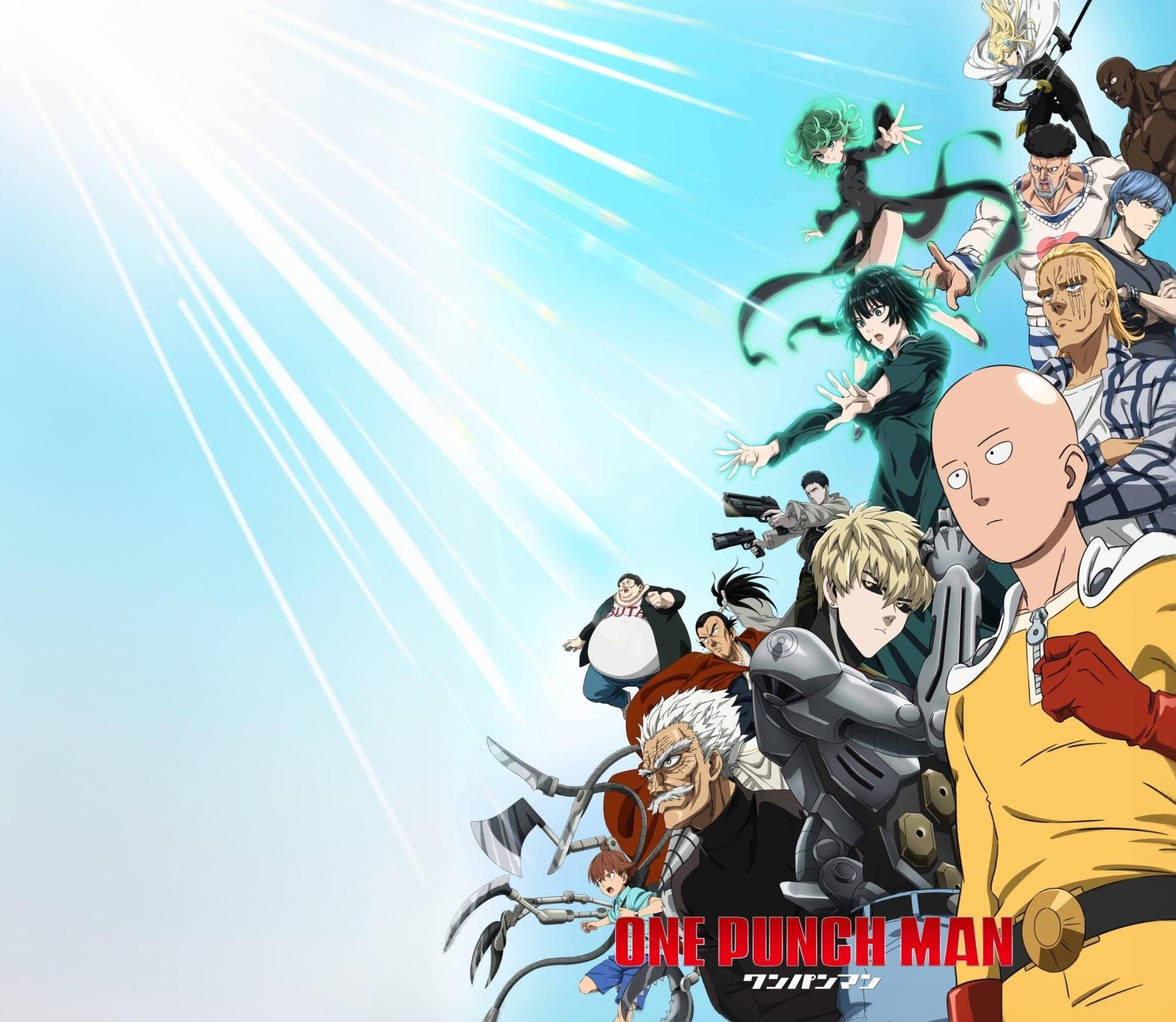 Anime One-Punch Man 2K Quad HD PC desktop wallpaper: Saitama and fellow heroes posed at right under a bright blue sky with radiating sunbeams, dynamic action-ready group composition.