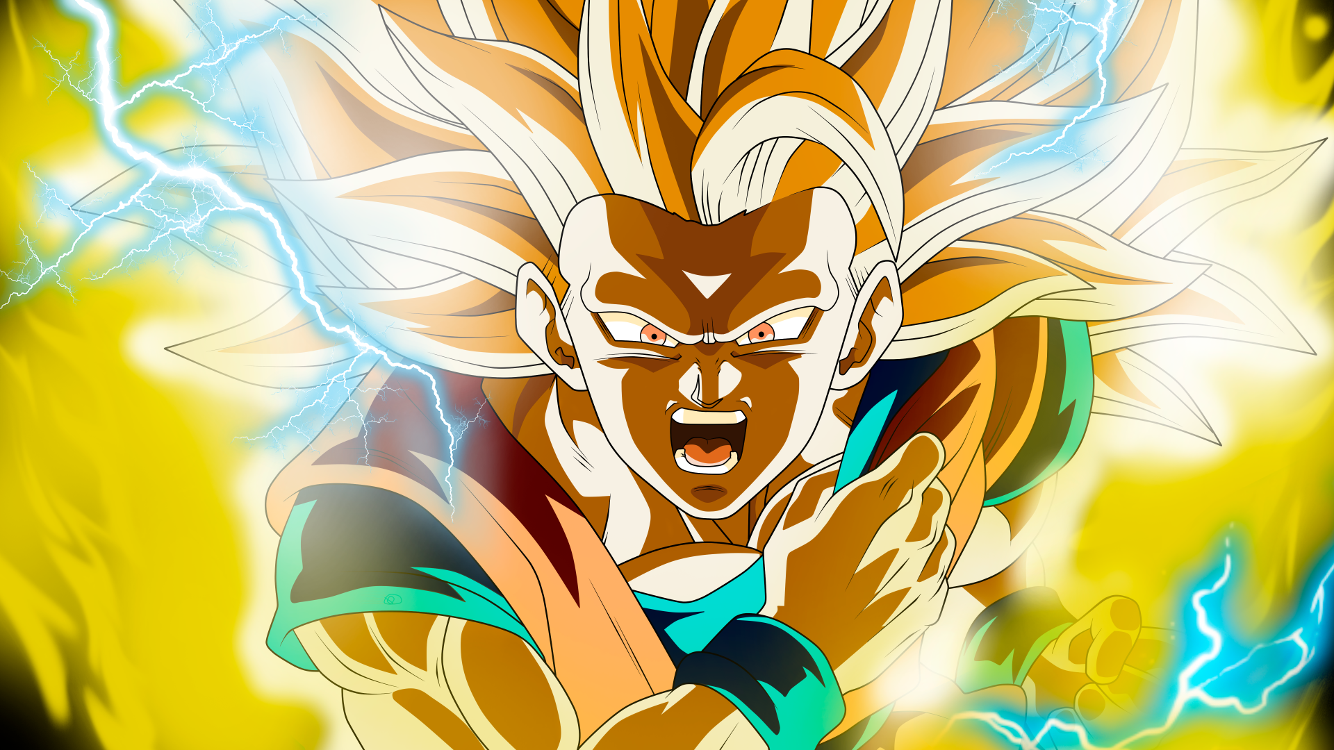 Dragon Ball Super’s Goku in Super Saiyan 3 form, glowing with energy and lightning, featured in a vibrant 4K Ultra HD PC desktop wallpaper background.
