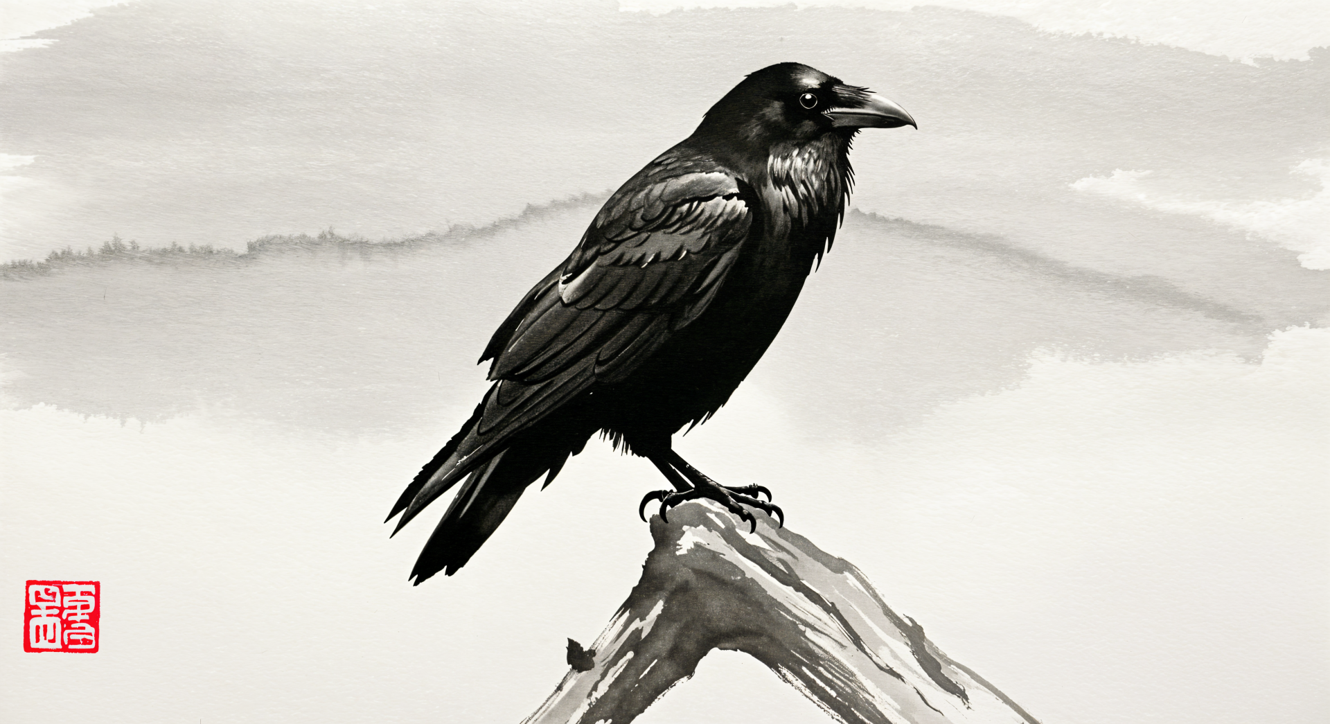 Black raven perched on a branch, set against a soft, misty background. A striking 4K Ultra HD desktop wallpaper, blending artistry and nature.
