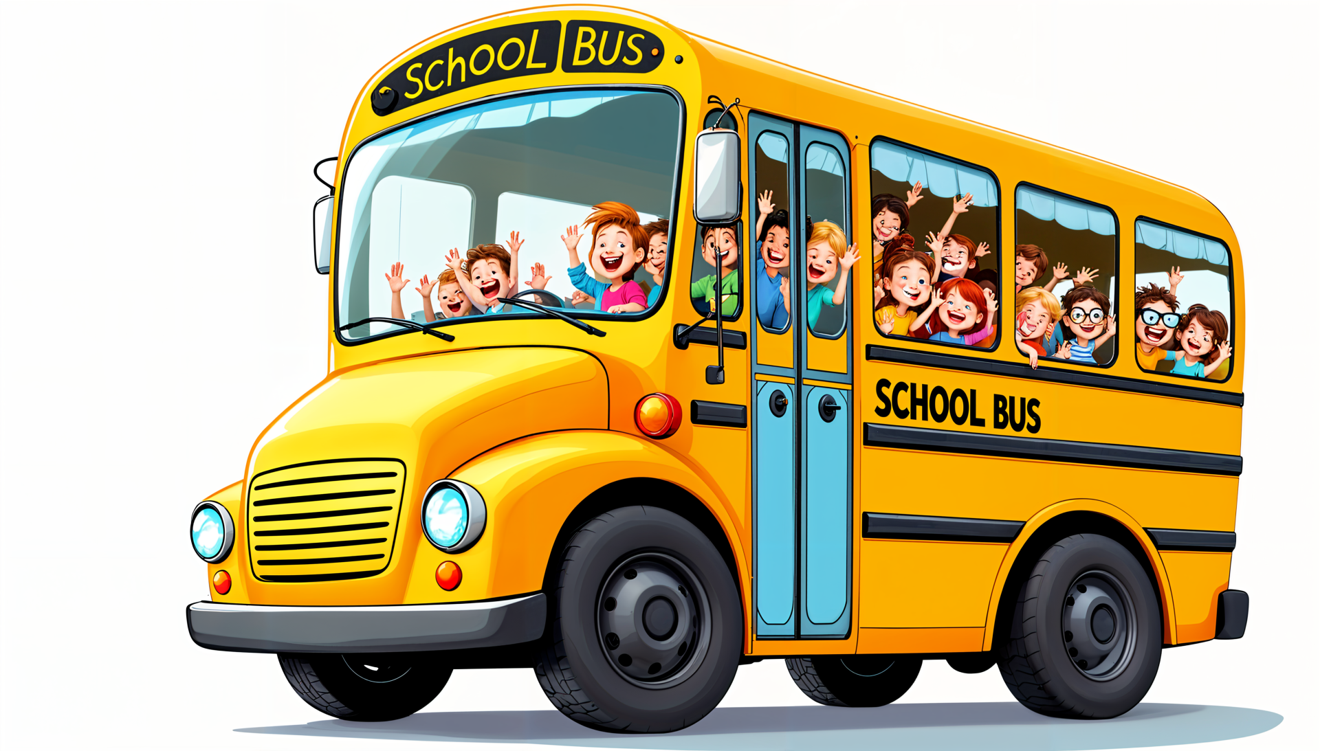A vibrant, animated yellow school bus filled with happy children, designed as a 4K Ultra HD PC desktop wallpaper and background.