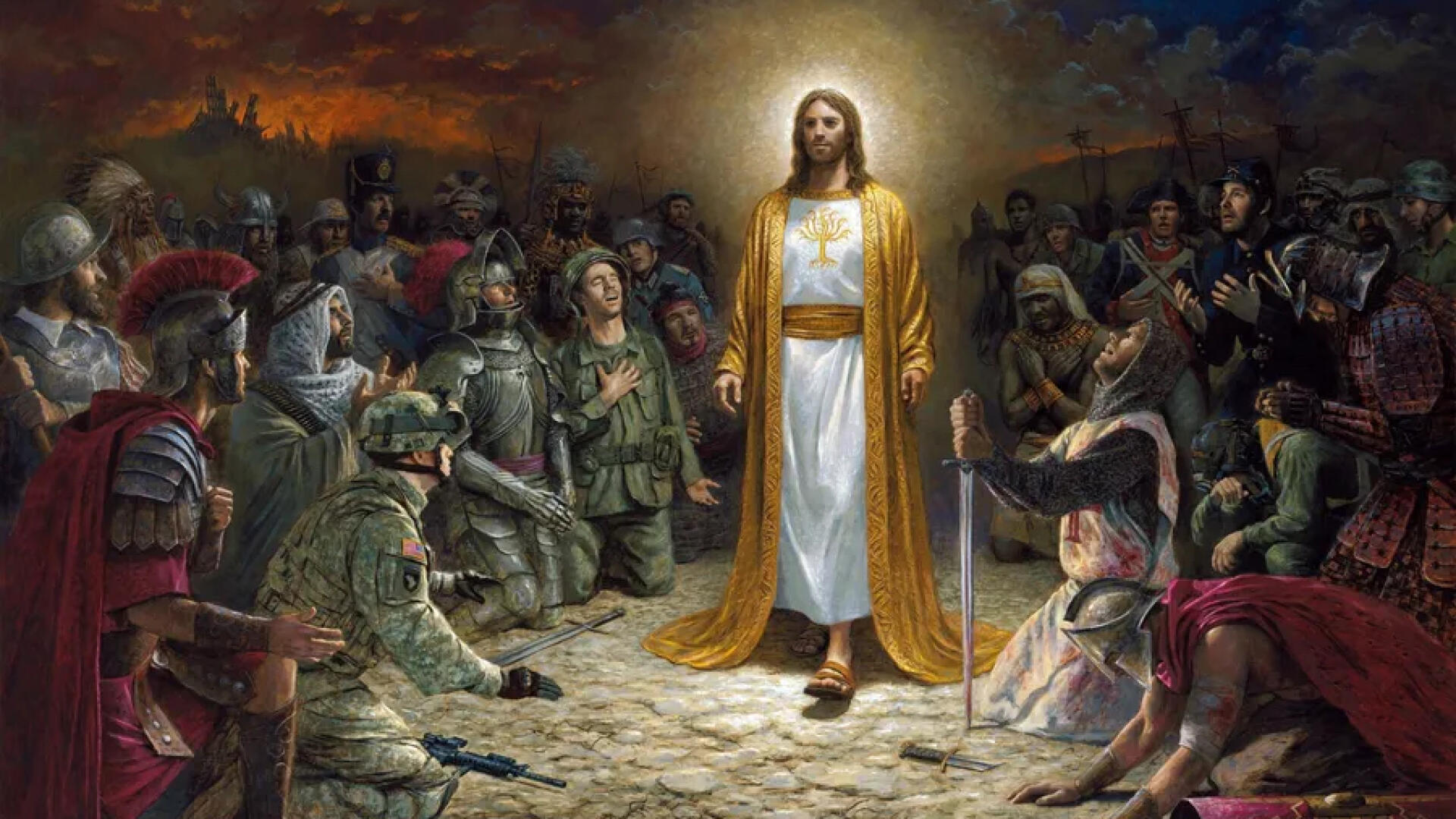 HD PC desktop wallpaper depicting Jesus standing with a radiant halo, surrounded by diverse figures in a dramatic, detailed, and reverent scene.