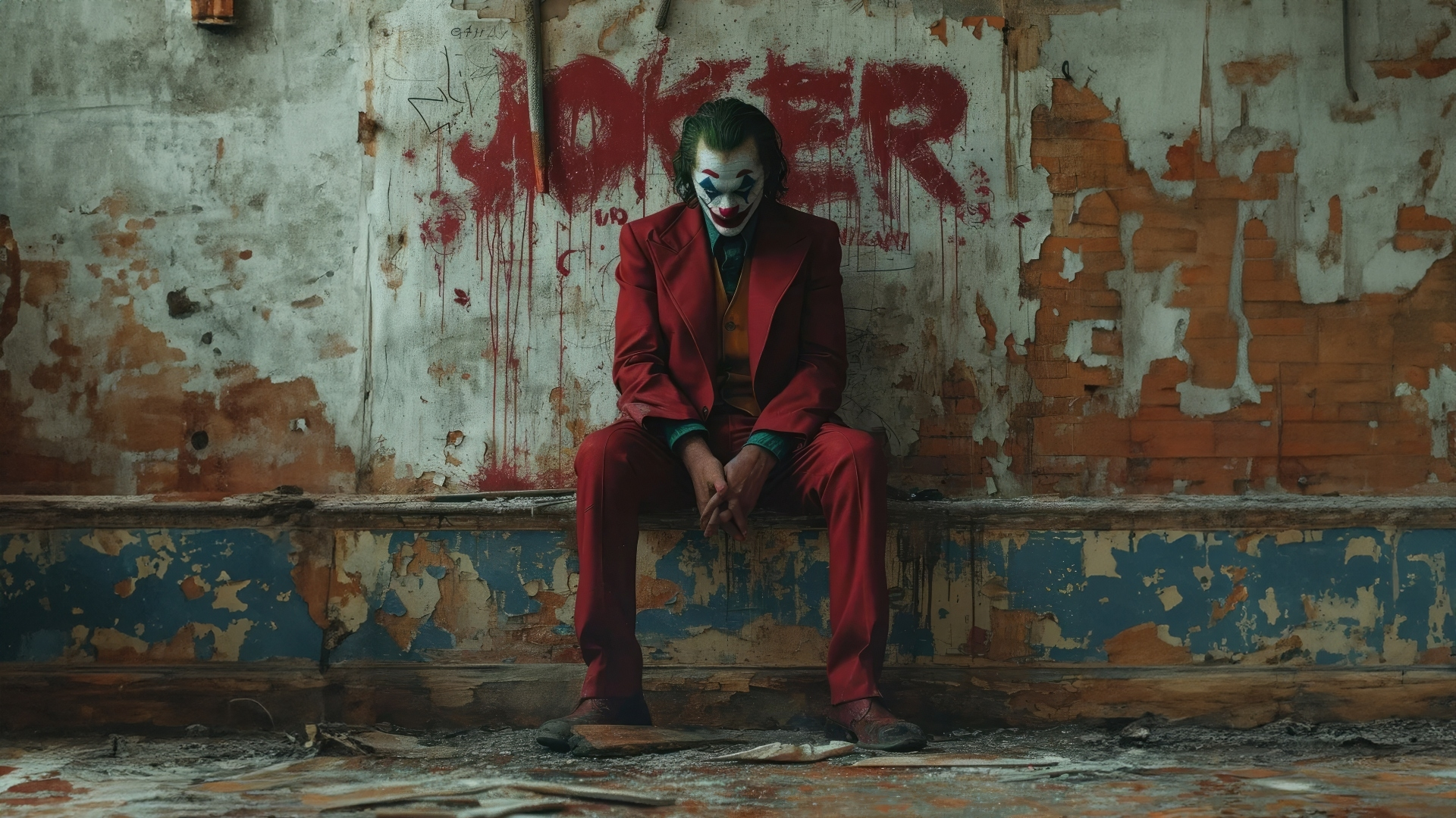 HD PC desktop wallpaper featuring the Joker in a red suit sitting against a worn wall with JOKER spray-painted behind him in red.