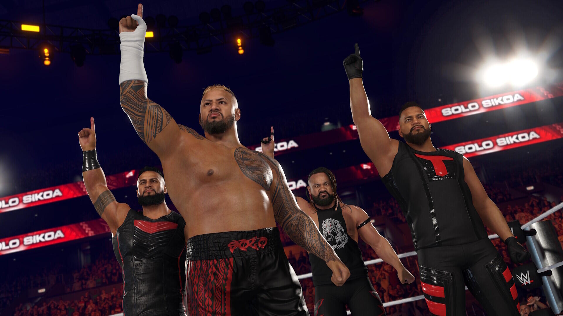 A dynamic scene from WWE 2K25 showcases powerful wrestlers celebrating in the ring, making it a striking HD PC desktop wallpaper and background for fans of the game.