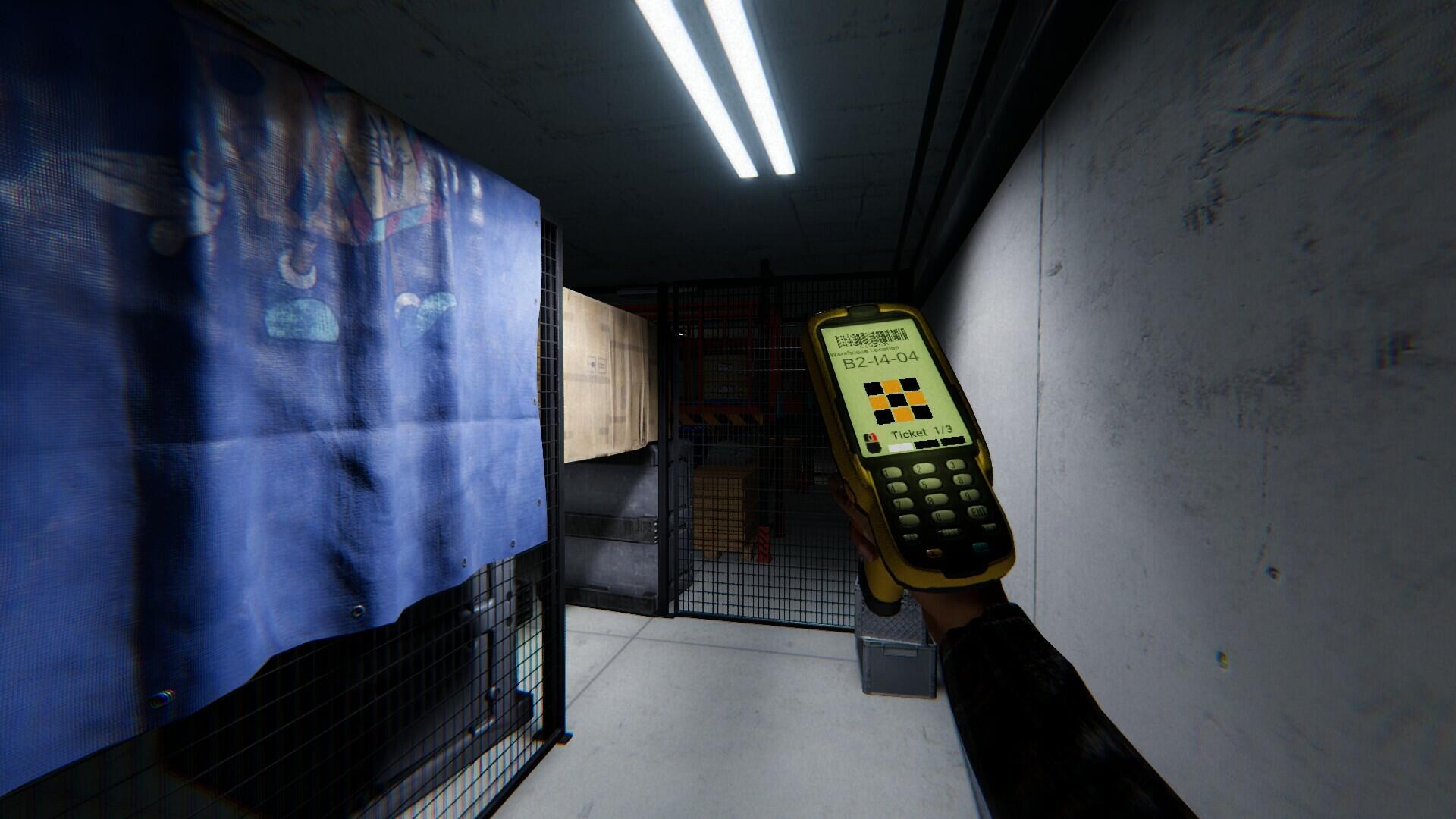A character holds a handheld device in a dimly lit corridor, surrounded by metal gates and a blue tarp, embodying the atmospheric essence of the video game Order 13.