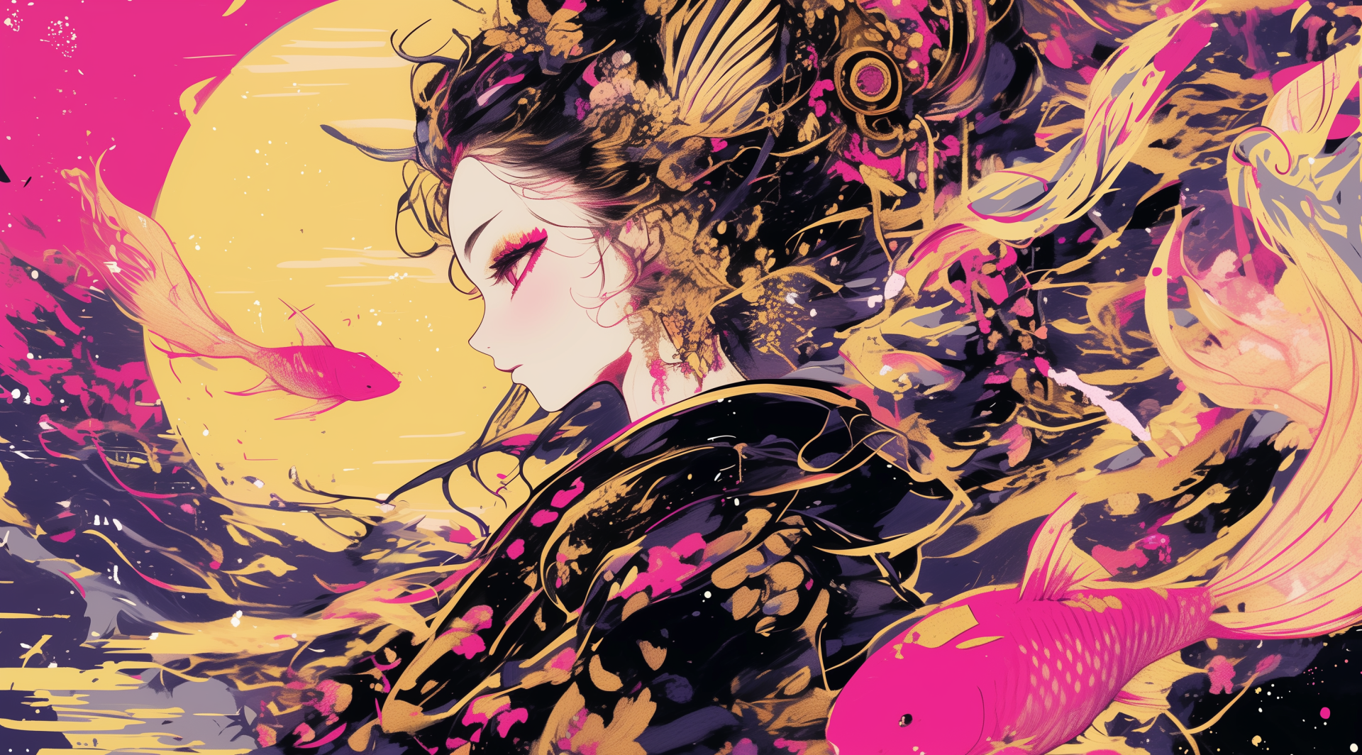 Anime girl Anime Art AI Art — 2K Quad HD PC desktop wallpaper: ornate side profile with flowing hair and golden-pink swirls, koi fish and a full moon in a dynamic, painterly background.