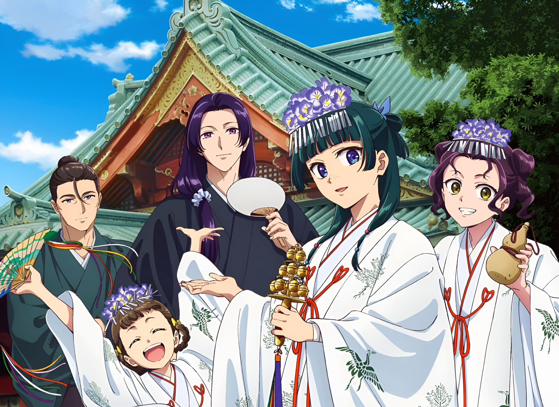 HD PC desktop wallpaper of anime characters from The Apothecary Diaries, featuring five individuals in traditional attire with a temple roof and blue sky background.