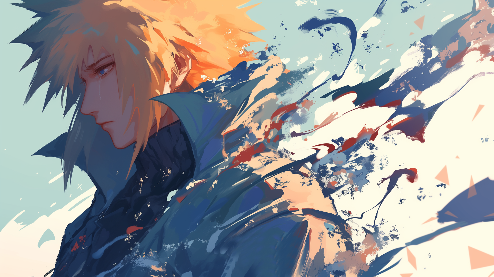 An HD desktop wallpaper featuring Minato Namikaze from Naruto, depicted with a sad expression amidst abstract, colorful splashes, capturing the emotional depth of anime.