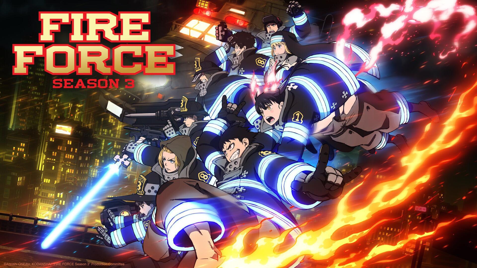 Anime HD PC desktop wallpaper: Fire Force Season 3 cast in firefighting gear racing through a lit city with roaring flames and blue ignition sparks.