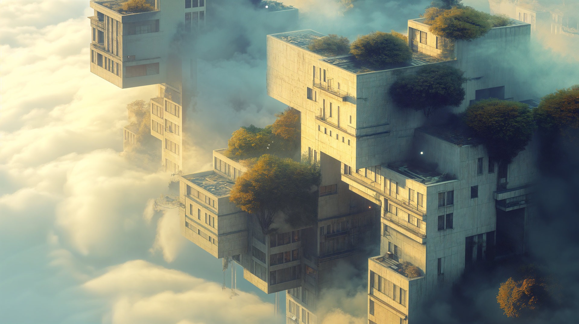 A surreal architectural scene featuring floating buildings shrouded in mist, showcasing innovative design and lush greenery. This 4K Ultra HD image serves as a stunning desktop wallpaper.