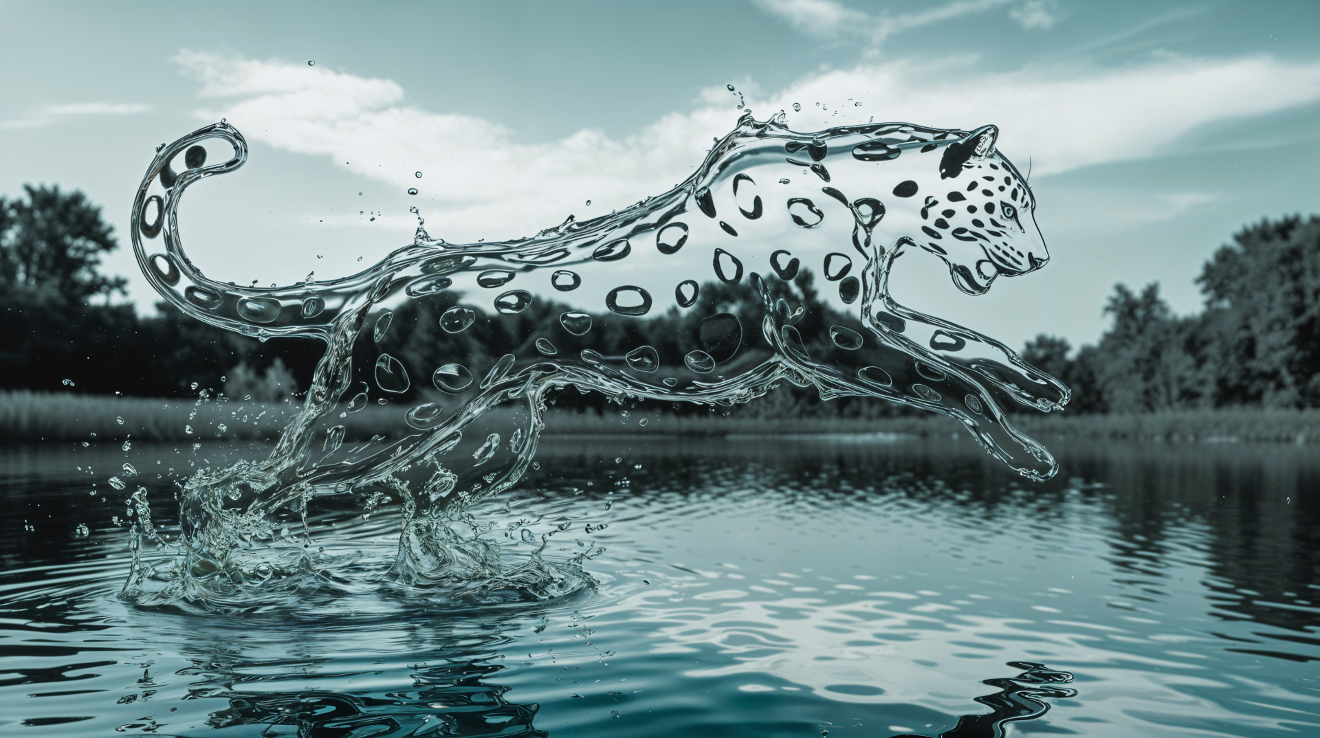 A dynamic 4K Ultra HD wallpaper depicting a leopard made of water splashing as it leaps across a calm lake in a natural setting.
