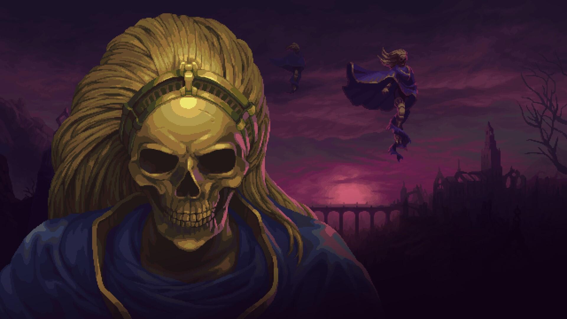 A dramatic HD desktop wallpaper from the video game Blasphemous, featuring a prominent golden skull figure against a dark, atmospheric backdrop with a mystical figure in the air.