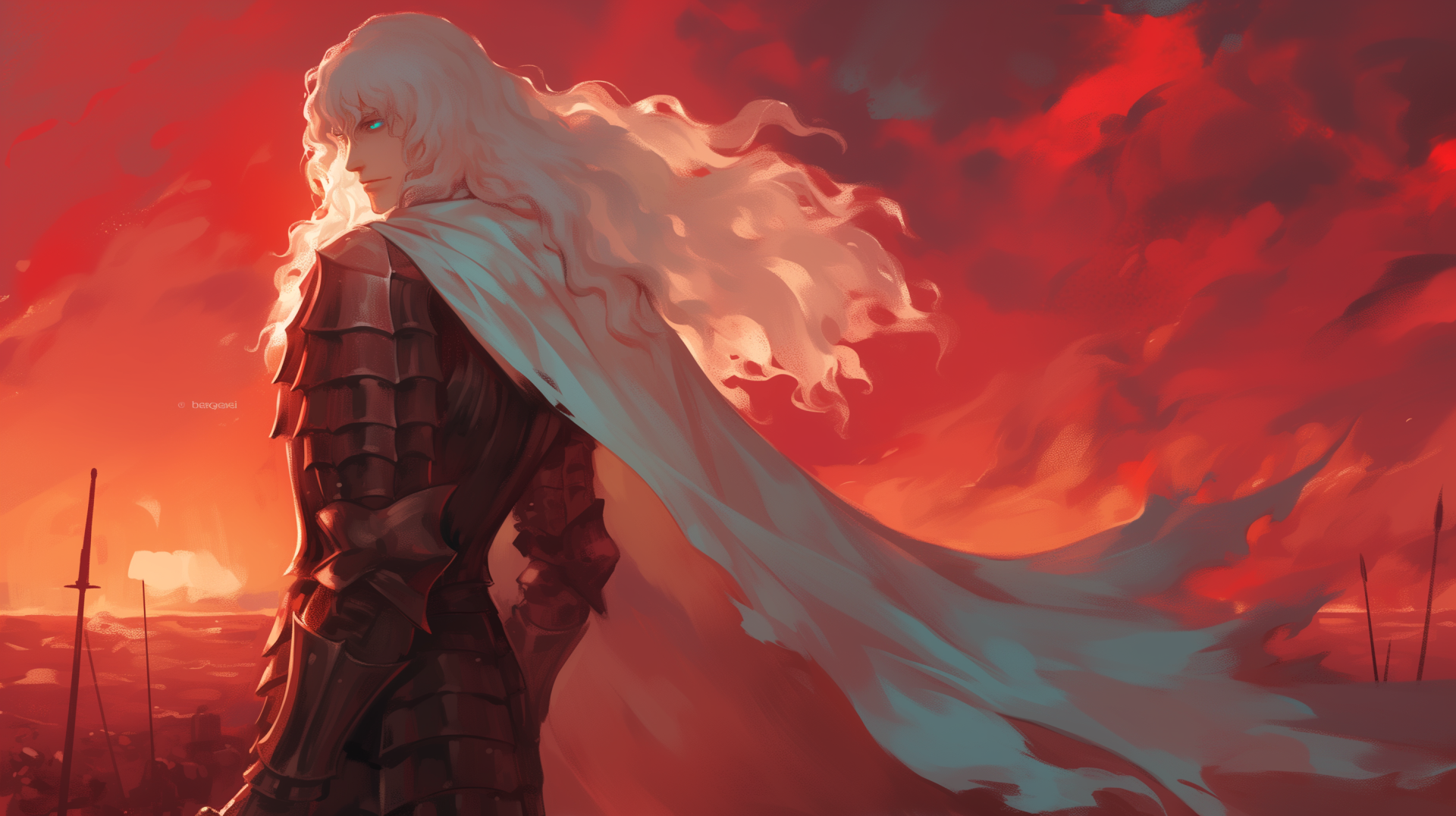 A striking HD wallpaper featuring Griffith from Berserk, with flowing white hair against a dramatic red sky, capturing the essence of anime artistry.