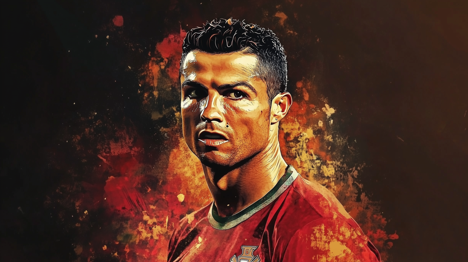 HD digital artwork of Cristiano Ronaldo wearing the Portugal National Football Team jersey, set against a fiery, dynamic background for a striking soccer-themed desktop wallpaper.