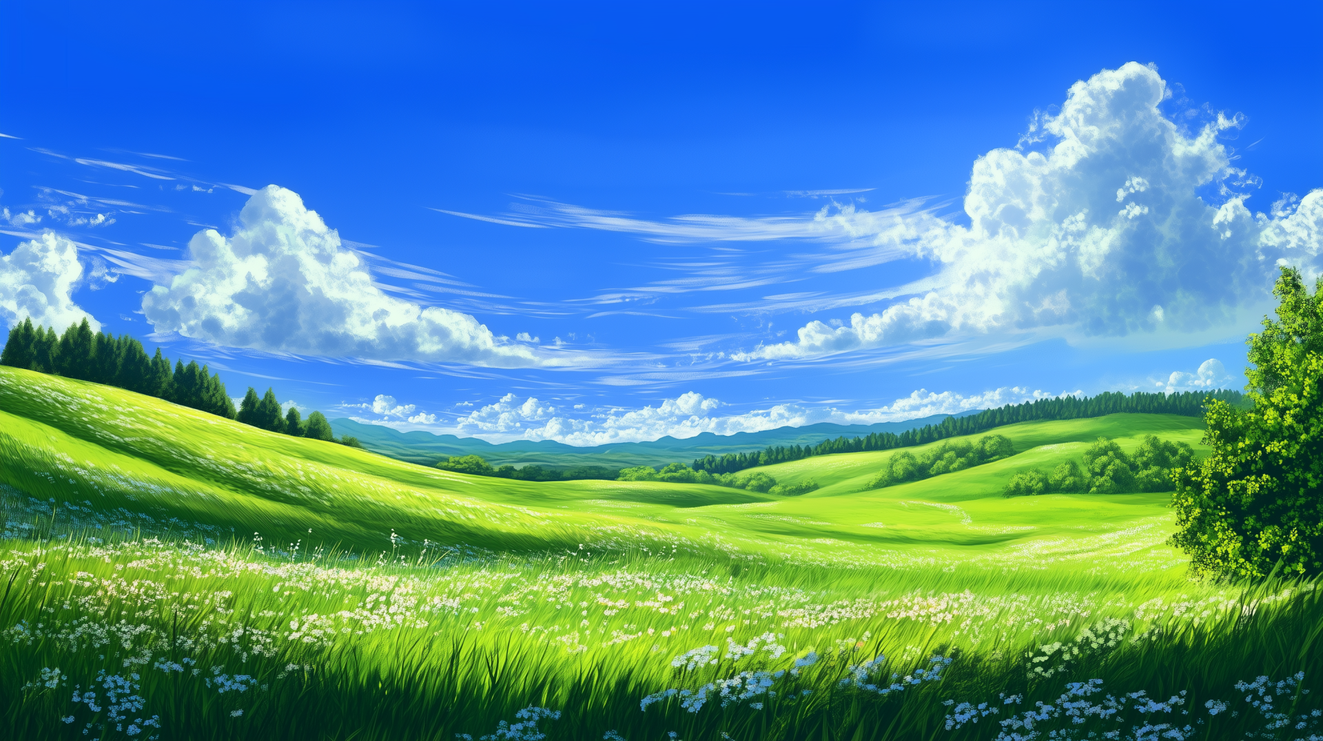 A vibrant expressionist landscape featuring rolling green hills, bright blue skies, and fluffy clouds, serving as an artistic HD wallpaper inspired by Windows XP aesthetics.