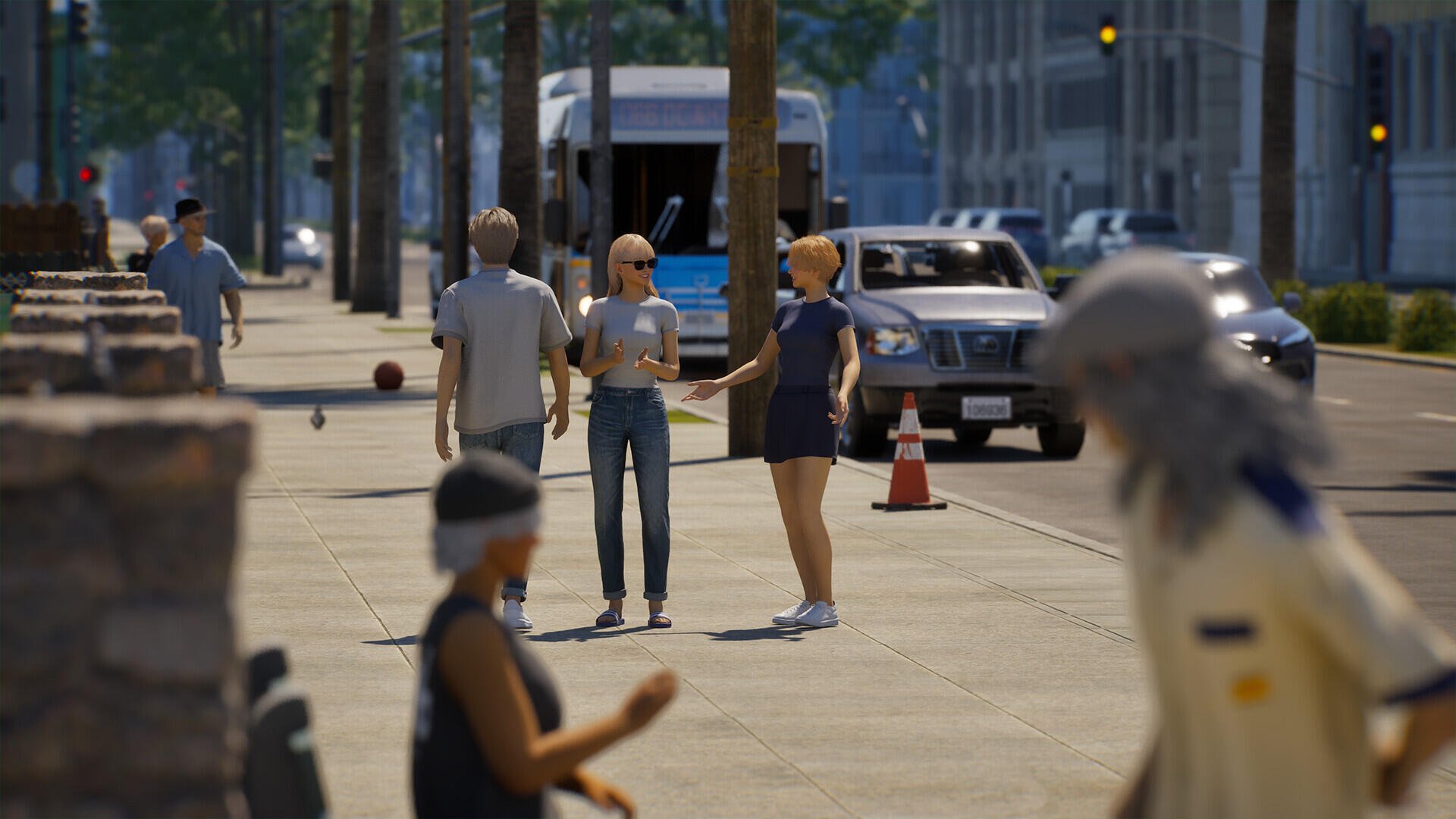 HD PC desktop wallpaper from the video game inZOI, depicting a detailed city street scene with pedestrians and vehicles in a modern urban environment.