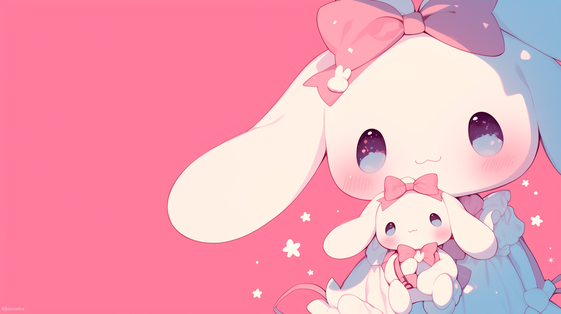 A cute Cinnamoroll character with a pink bow holds a smaller bunny, set against a soft pink background, showcasing a charming kawaii aesthetic in this HD desktop wallpaper.