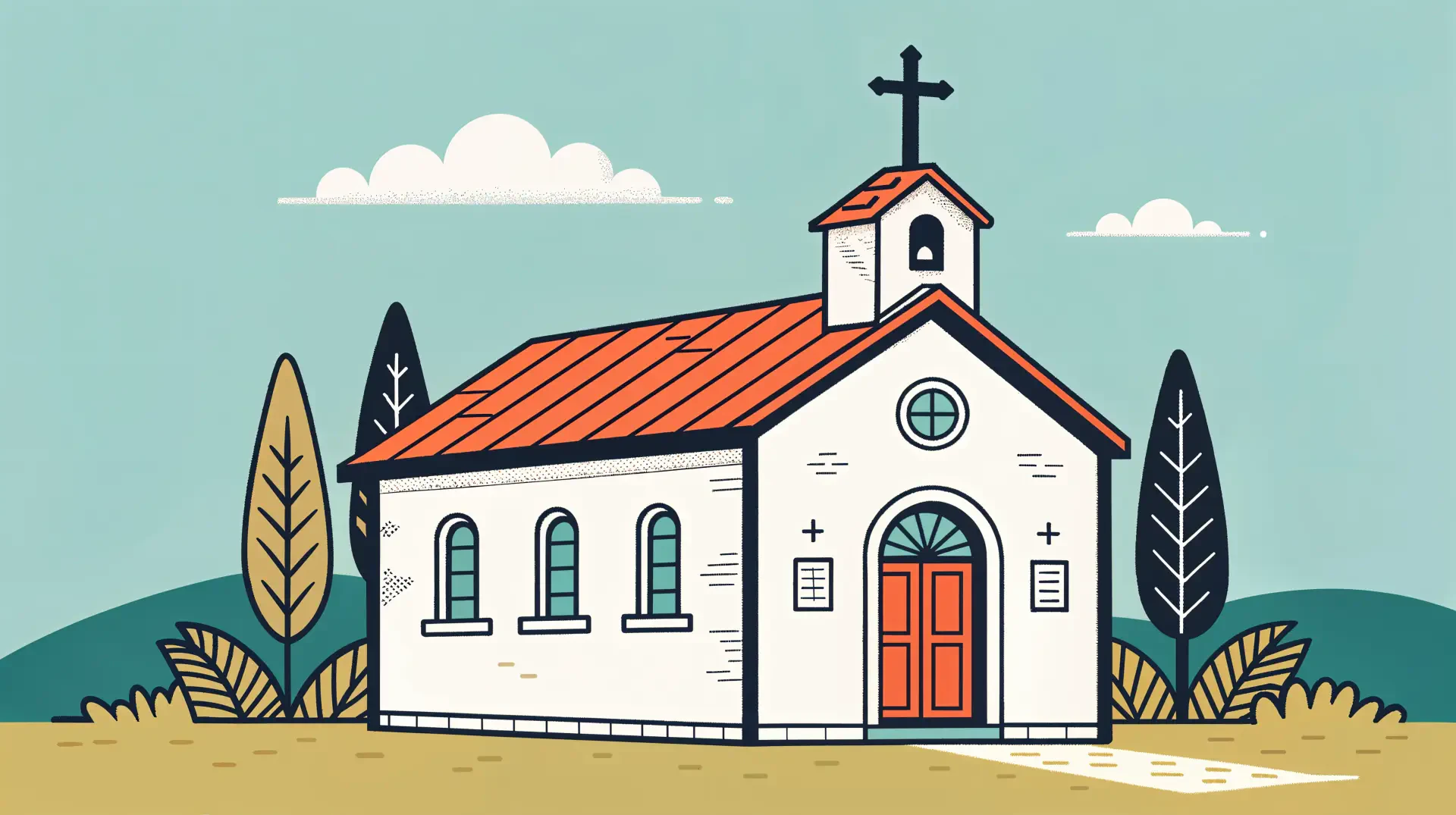 A charming chapel with a red roof and cross, surrounded by illustrated trees and hills, designed as a 4K Ultra HD desktop wallpaper and background.