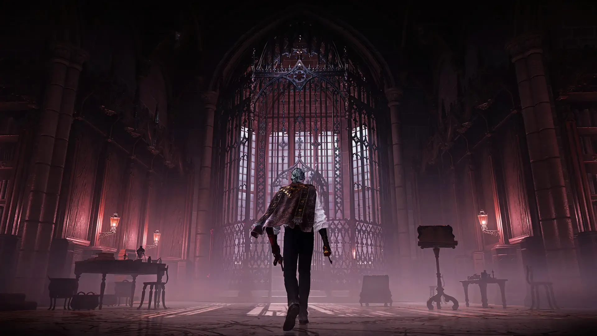 A dramatic scene from the video game The Duskbloods, featuring a mysterious figure walking through a dimly lit, gothic interior with towering stained glass windows.