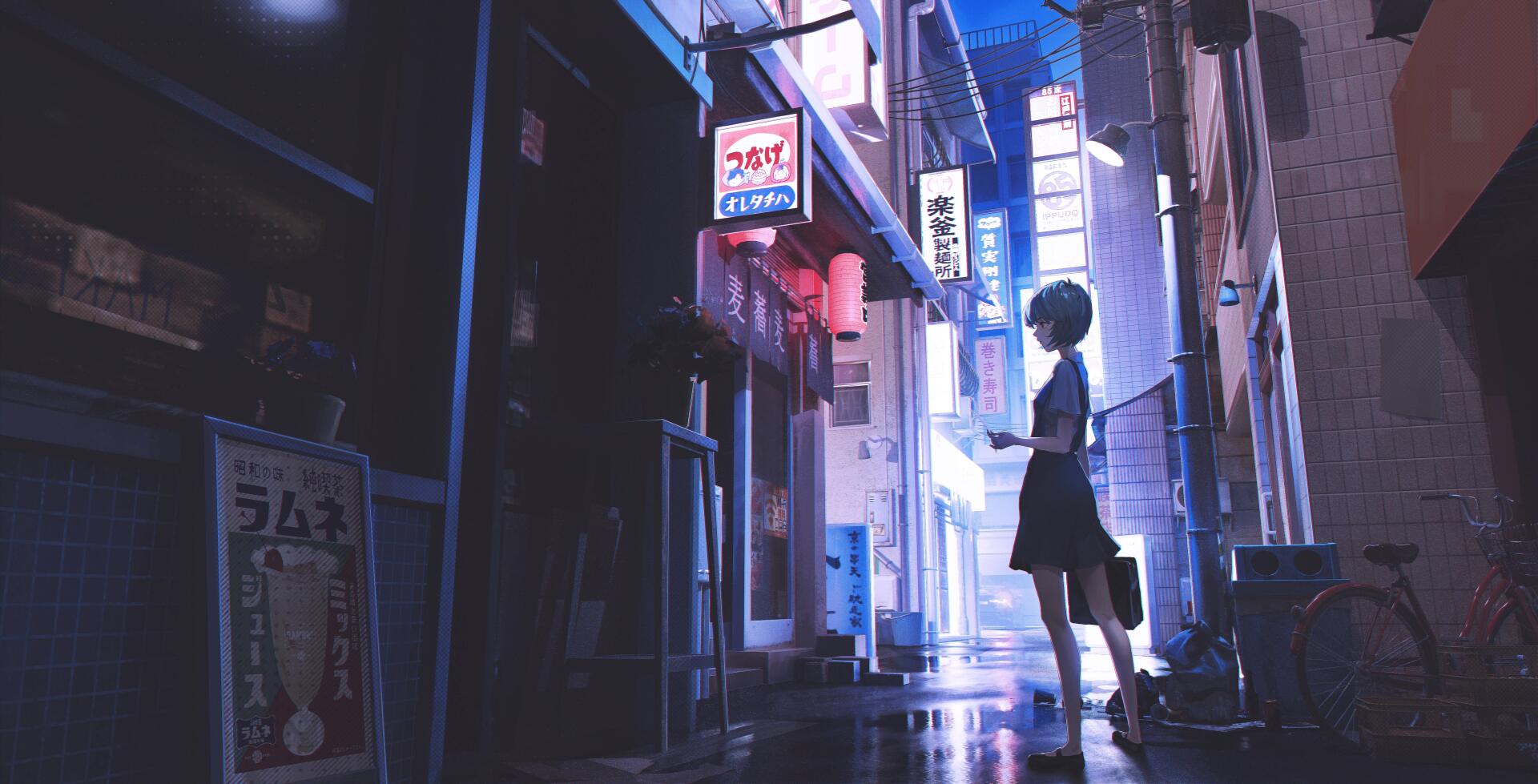 A stunning 4K Ultra HD wallpaper featuring Rei Ayanami from Neon Genesis Evangelion, set in a vibrant Japanese alleyway illuminated by neon lights.
