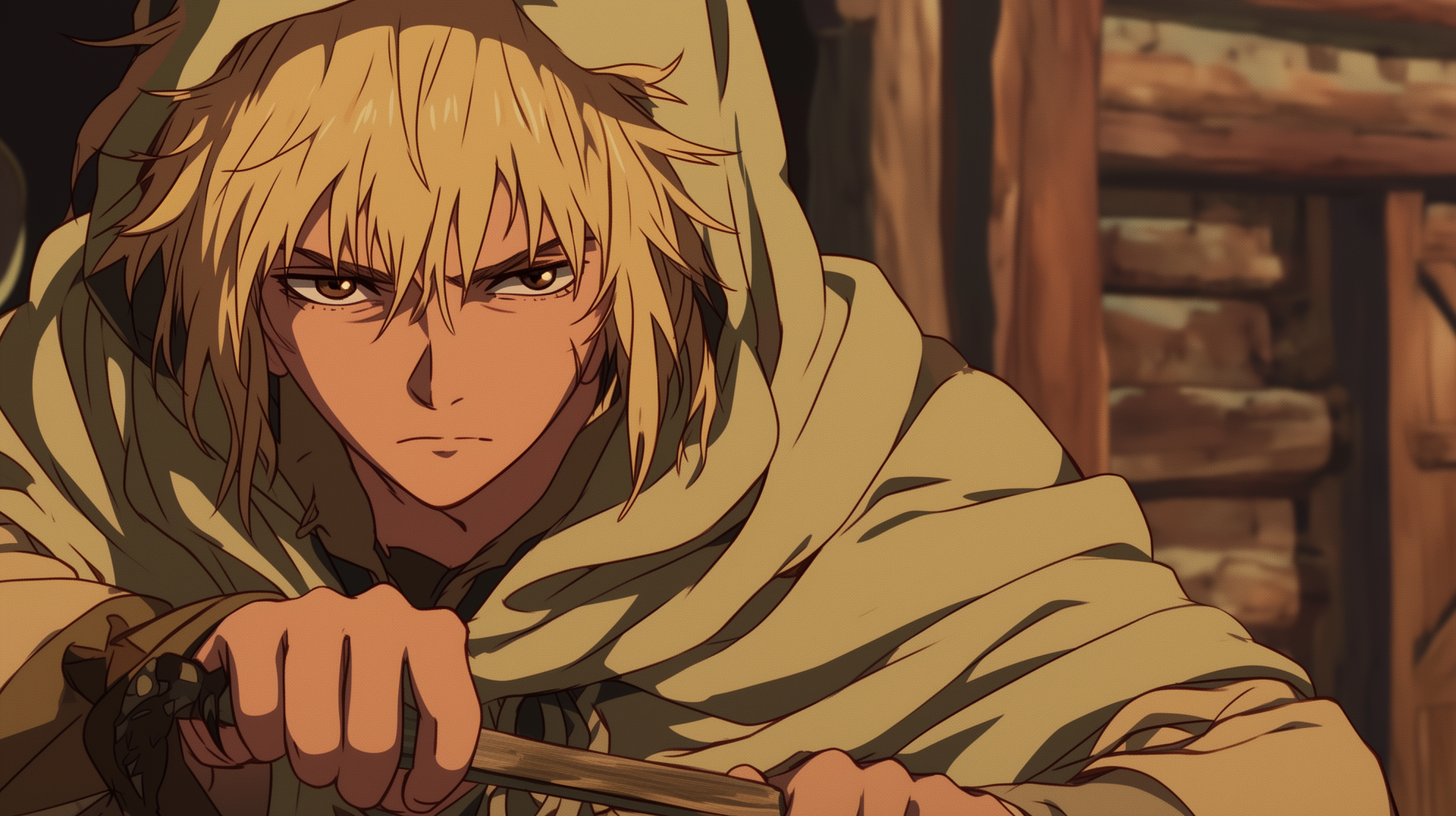 A striking HD wallpaper depicting Thorfinn from the anime Vinland Saga, showcasing his intense expression and determination, set against a rustic background.