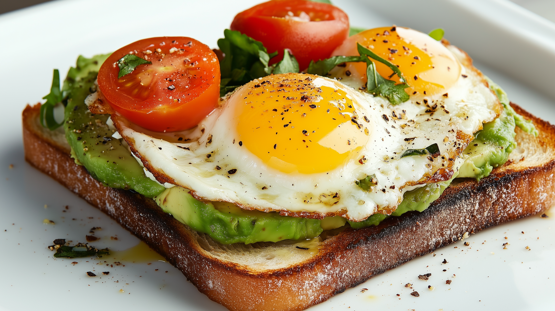 Avocado toast topped with fried eggs and cherry tomatoes, beautifully arranged on a plate. This vibrant image serves as a delightful high-definition desktop wallpaper.