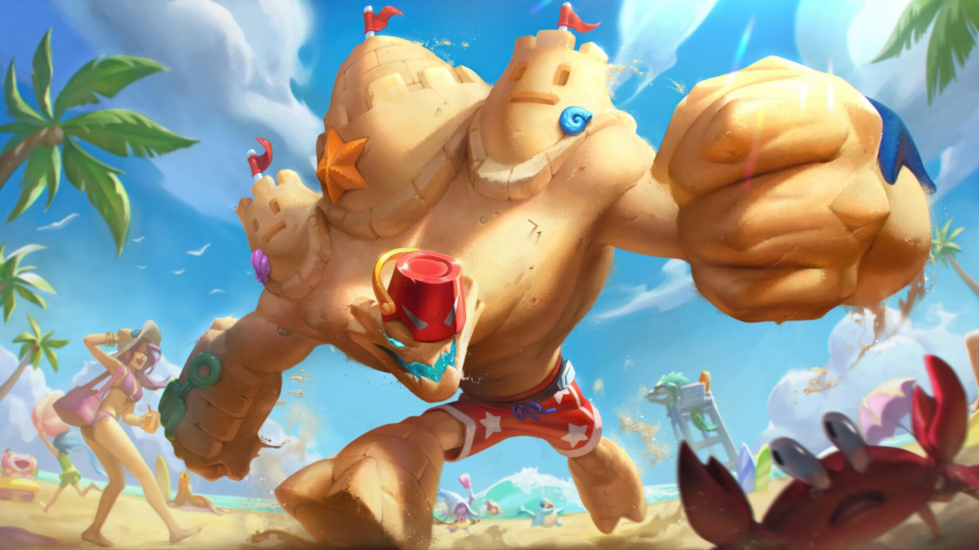 Vibrant 8K Ultra HD wallpaper featuring Malphite from League of Legends, depicted as a sandy beach-themed character enjoying a sunny day at the beach with palm trees and people around.