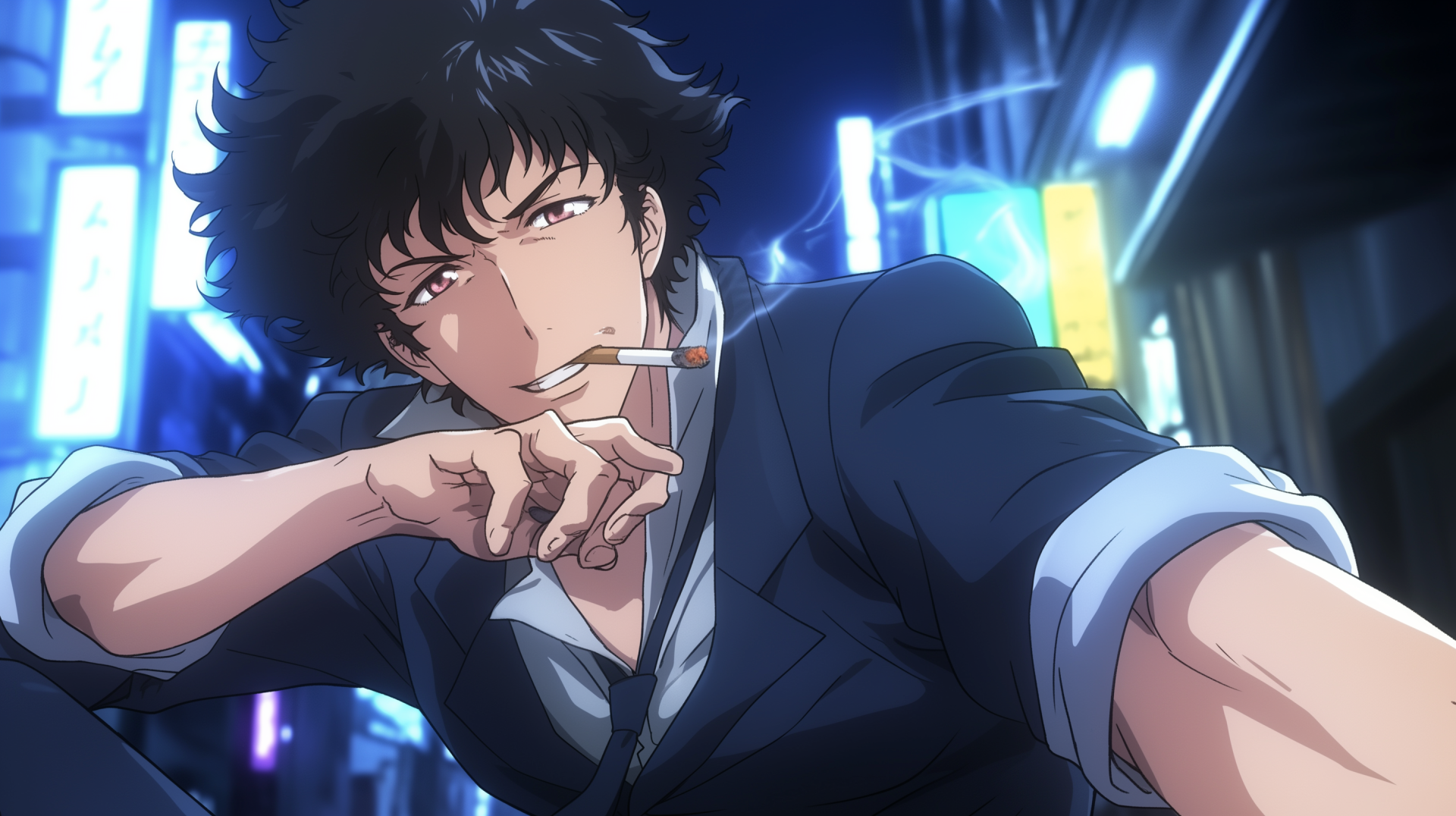 A dynamic HD wallpaper featuring Spike Spiegel from Cowboy Bebop, depicted in a blue anime style with a cigarette, set against a vibrant urban backdrop.