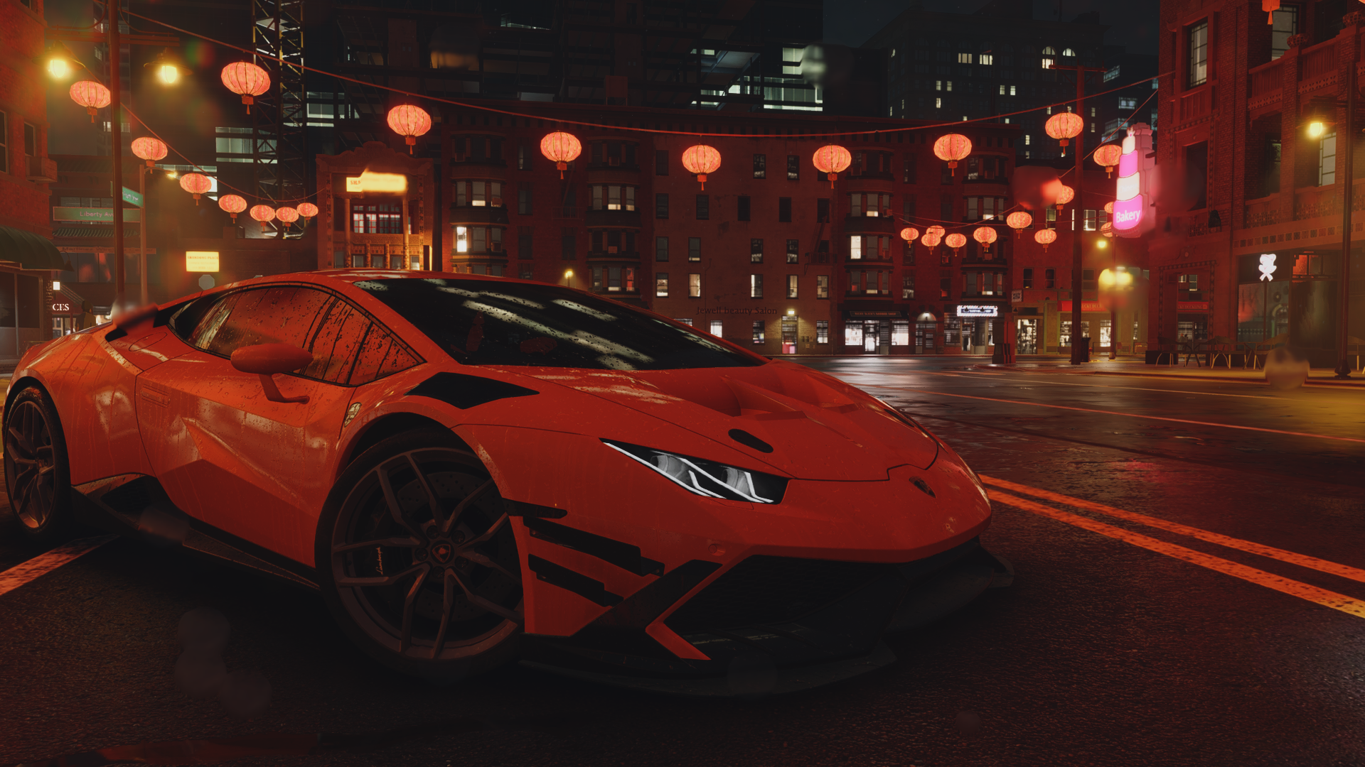 A vibrant HD desktop wallpaper featuring an orange sports car in a city at night, inspired by the video game Need for Speed Unbound, adorned with glowing lanterns.
