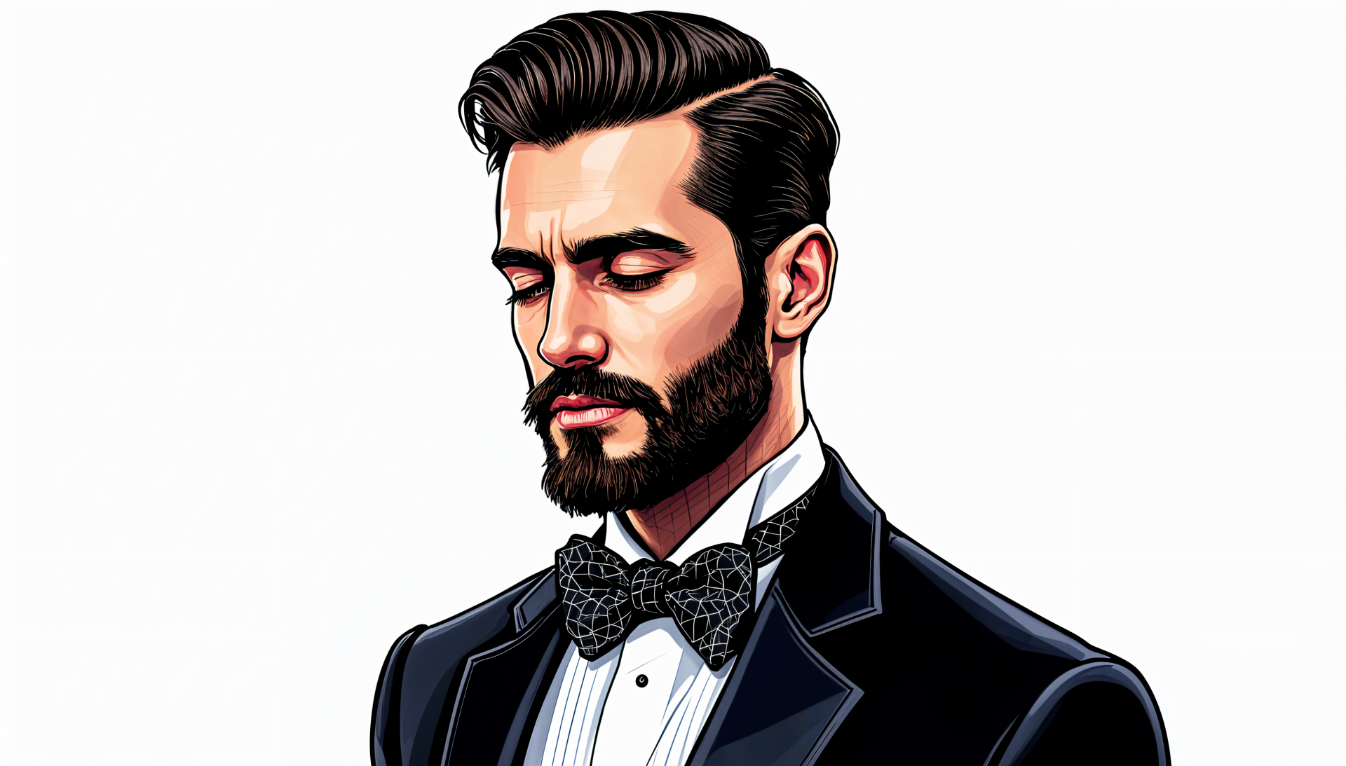 Illustration of a groom in a tuxedo with a bow tie, featuring a well-groomed beard and styled hair, designed as a 4K Ultra HD desktop wallpaper.