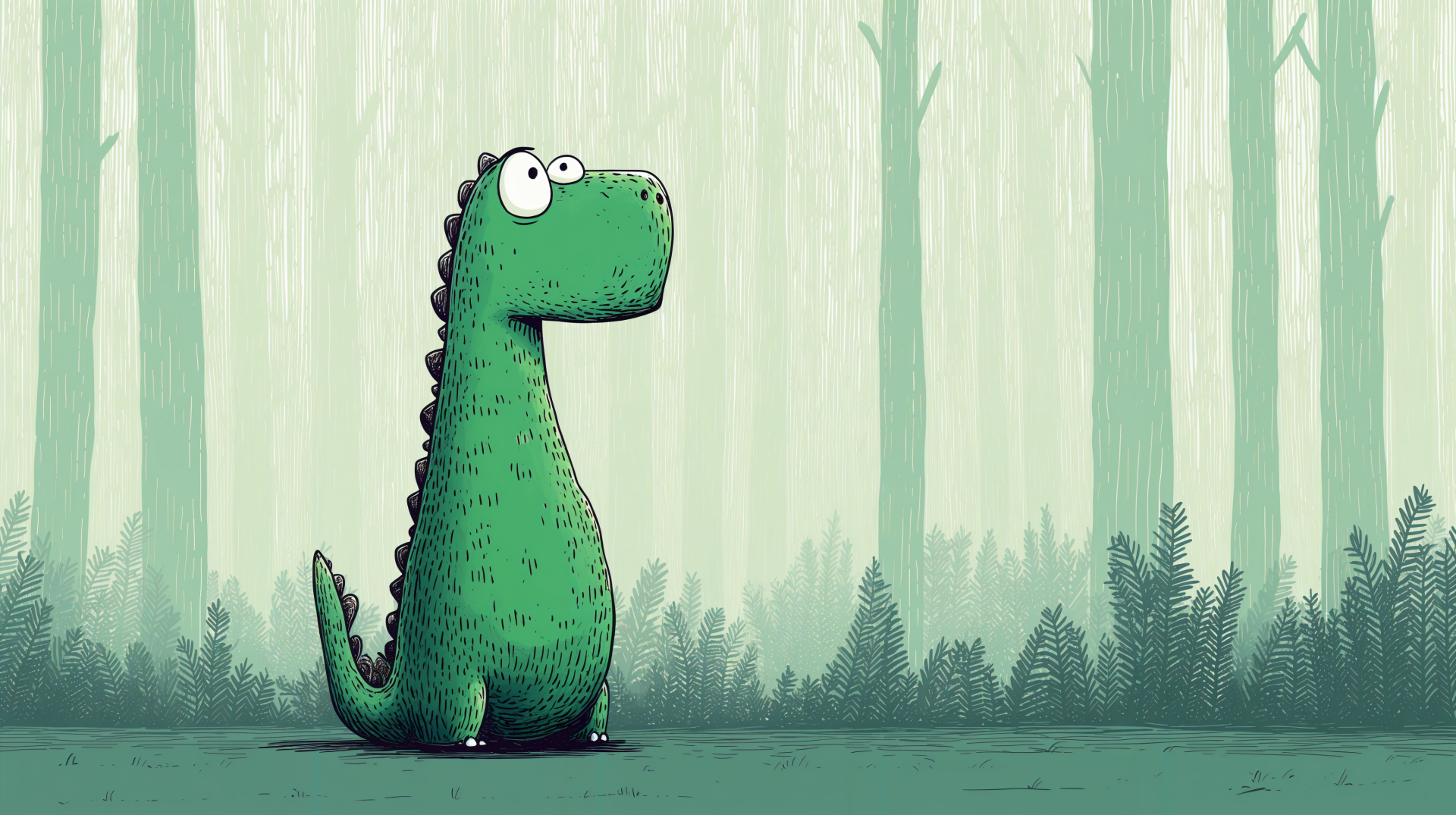 A whimsical green dinosaur stands in a misty forest, designed as a 4K Ultra HD PC desktop wallpaper, offering a playful and vibrant backdrop for your screen.