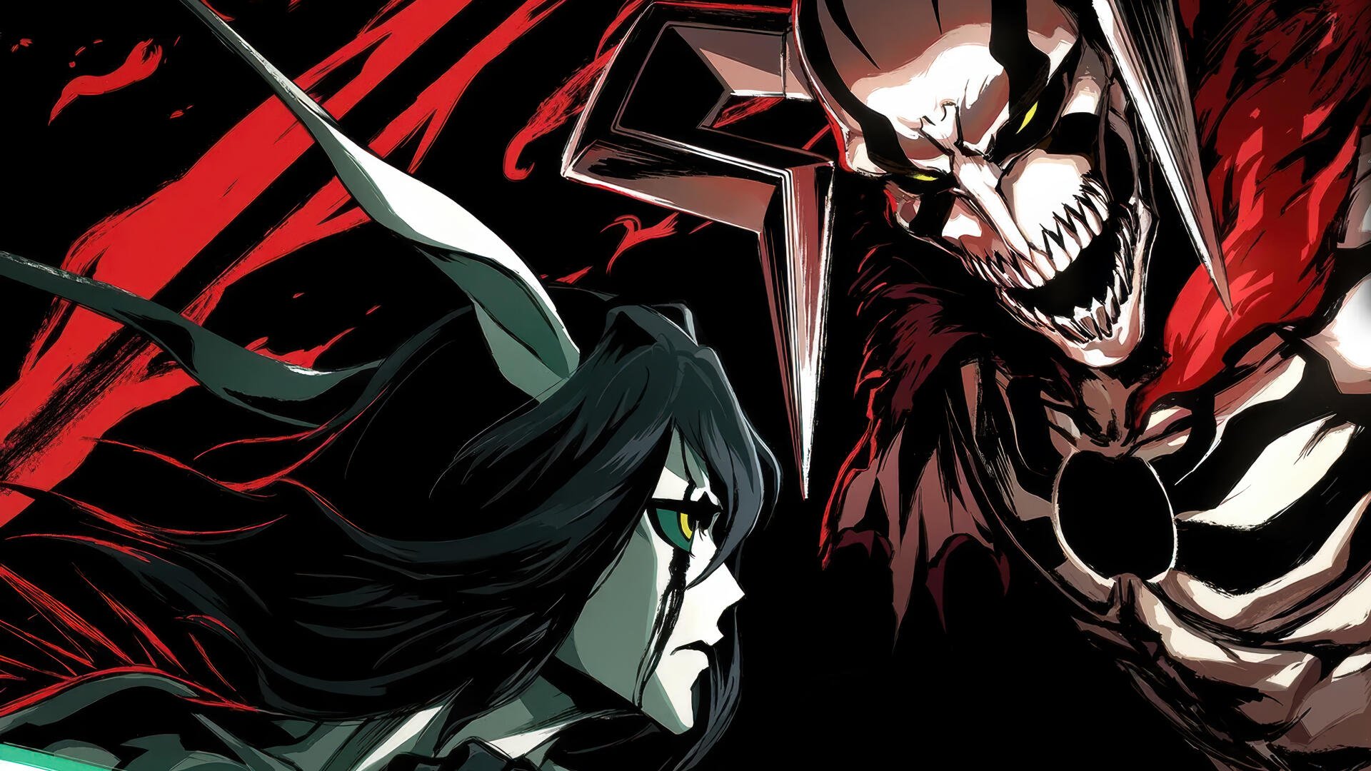 4K Ultra HD wallpaper featuring Bleach characters Ulquiorra Cifer and Ichigo Kurosaki in a dramatic face-off with bold red and black tones.