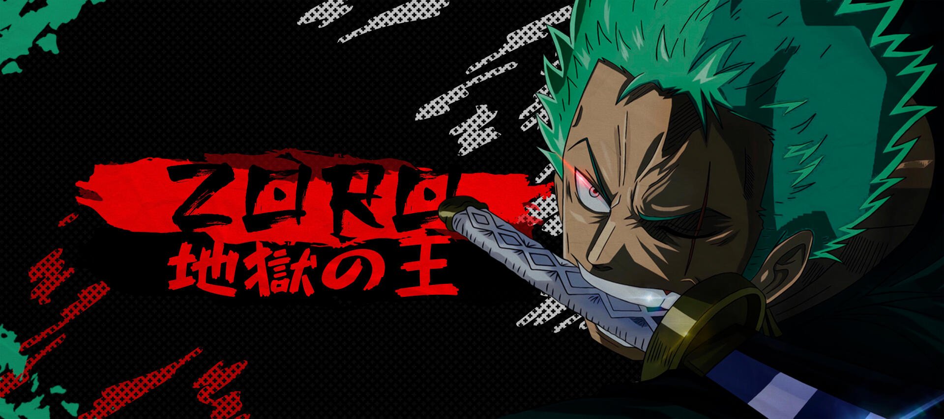 Roronoa Zoro from One Piece grips a sword in his mouth, green hair and a fierce glare against a black-and-red graphic backdrop — 8K Ultra HD PC desktop wallpaper and background.