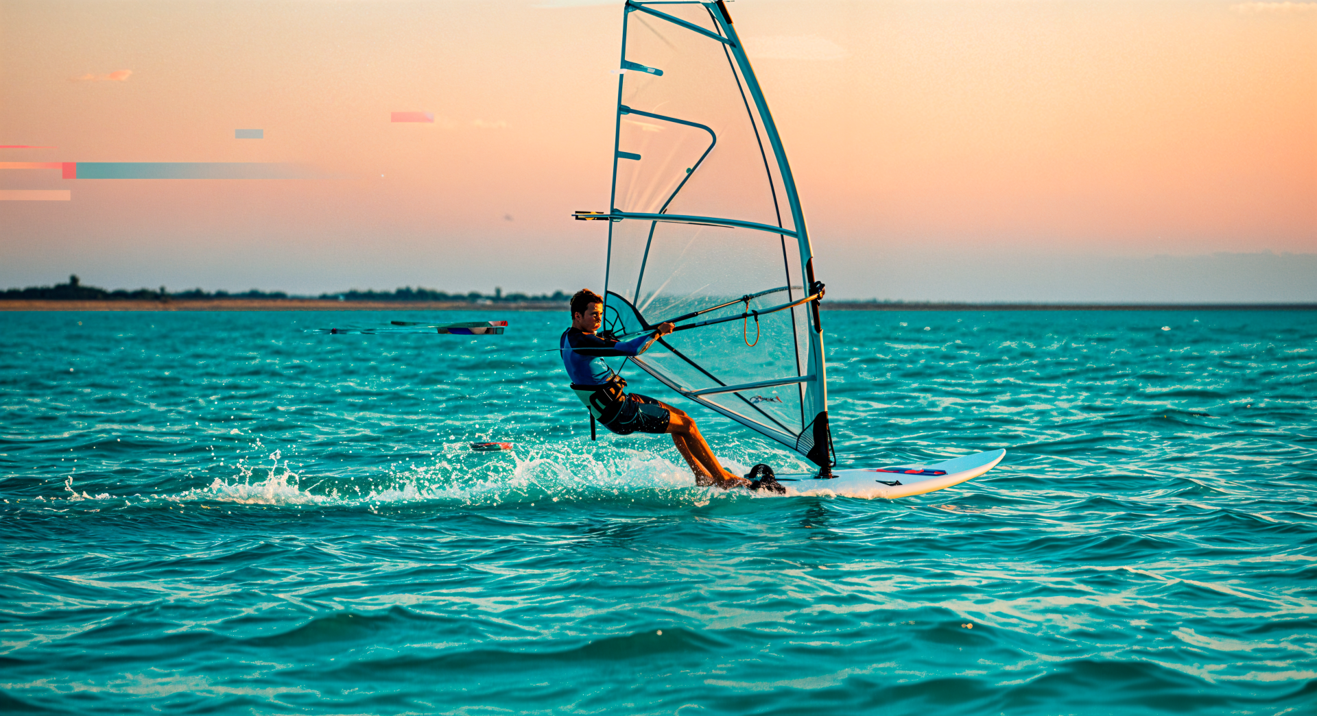 A windsurfer glides across the ocean at sunset, captured in vivid 4K Ultra HD, showcasing dynamic water sports action against a serene sky.