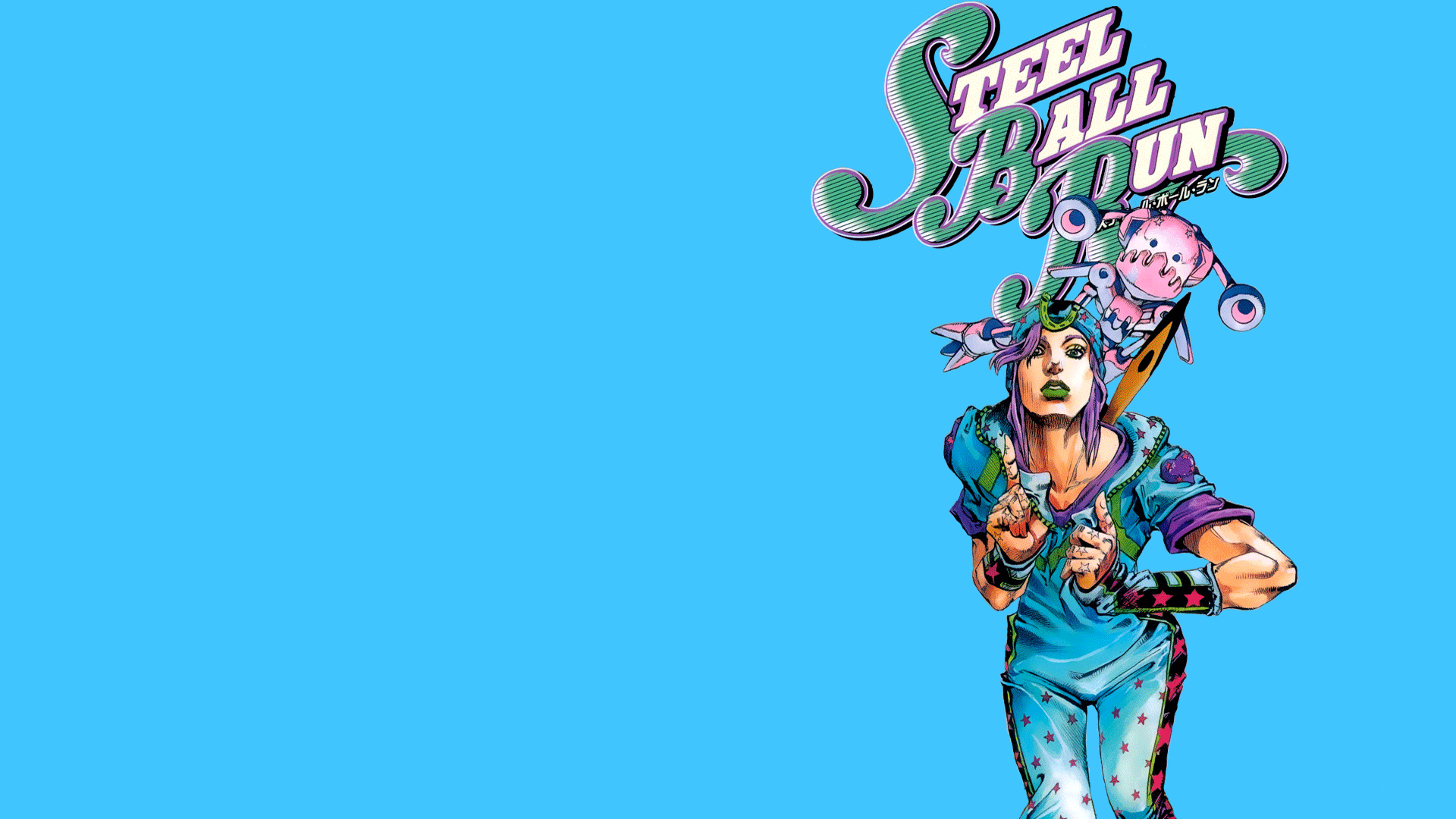 A vibrant HD desktop wallpaper featuring a character from Jojo's Bizarre Adventure: Steel Ball Run against a cyan background, showcasing dynamic anime art.