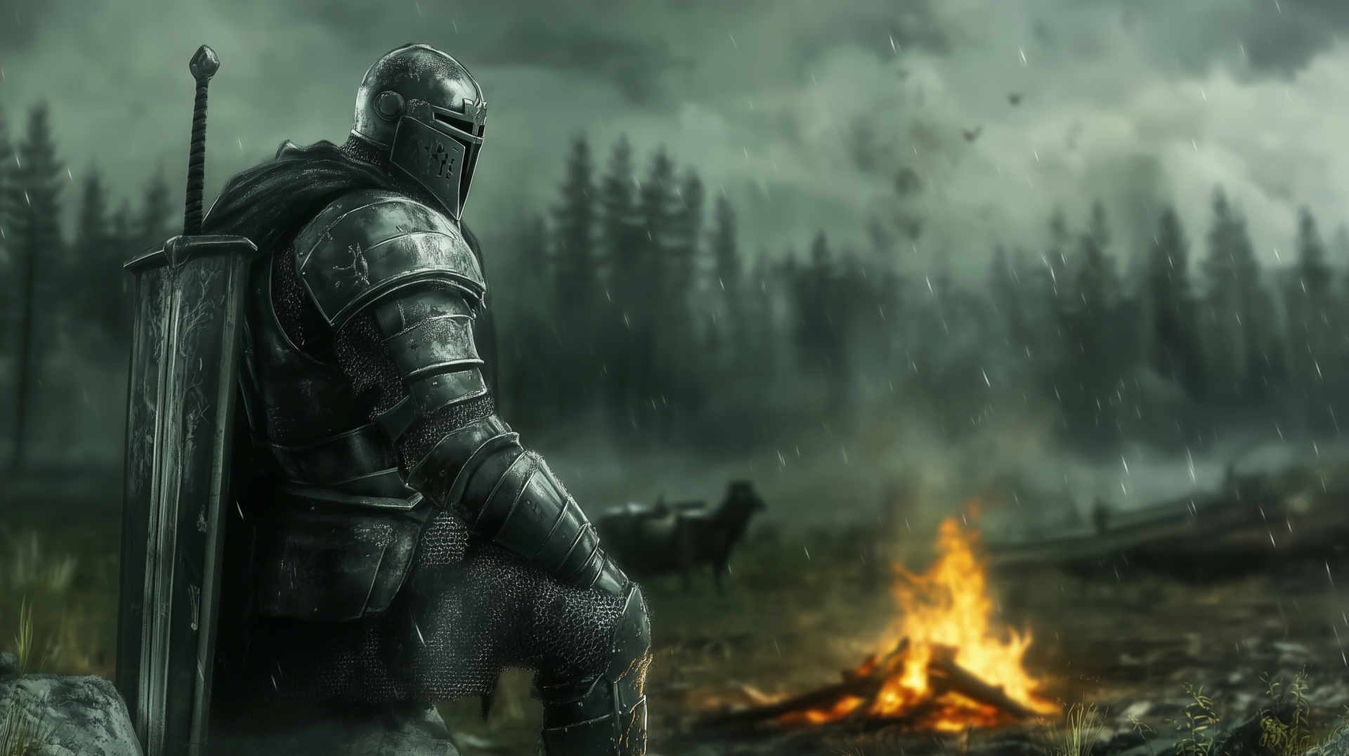 A medieval knight in full armor, seated beside a warm bonfire, gazes into the distance under a stormy sky, with a broadsword resting by his side.