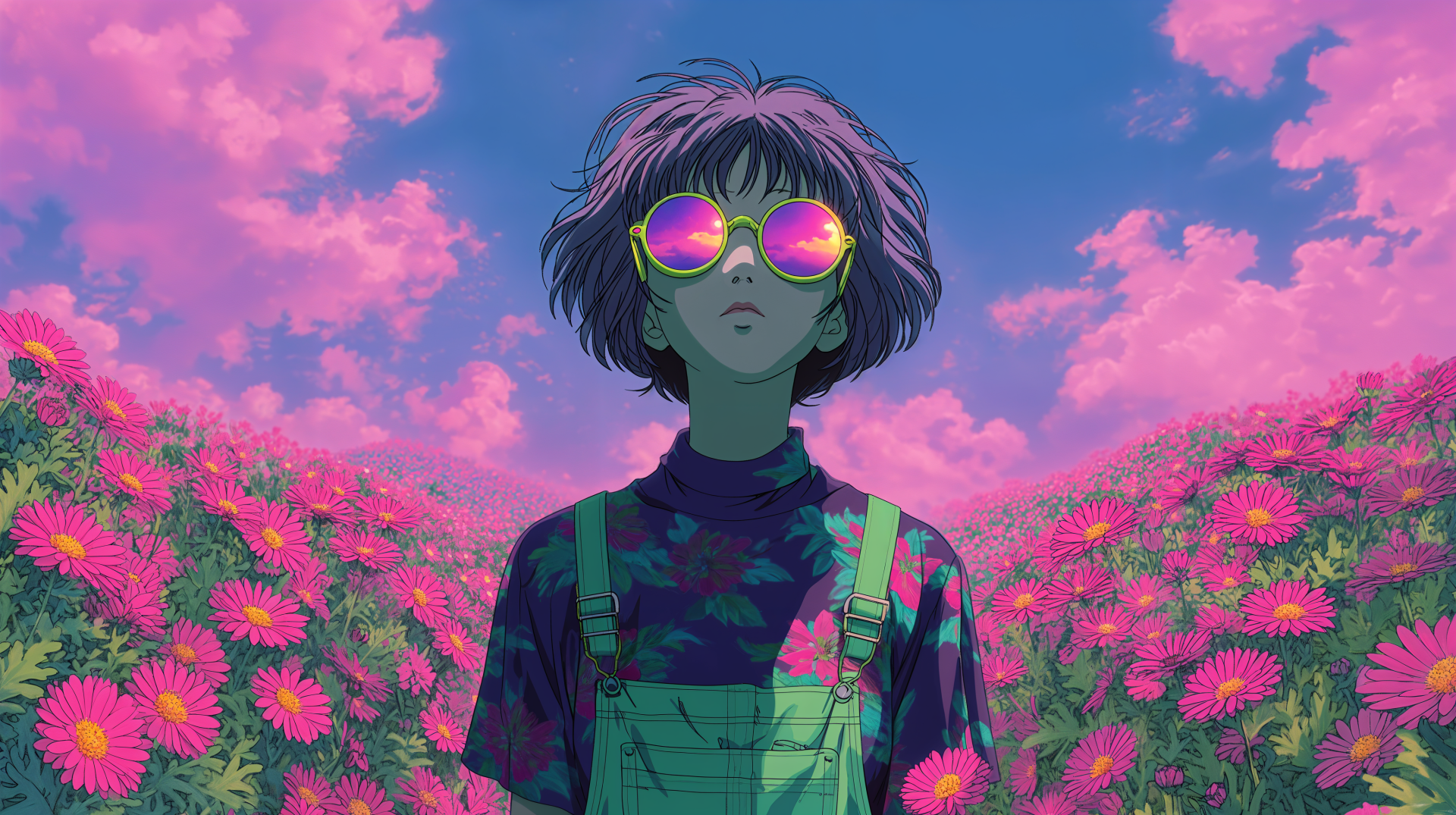 A vibrant aesthetic anime girl stands amidst a field of flowers, wearing round sunglasses that reflect a colorful sky, set against a backdrop of pink clouds. 4K Ultra HD desktop wallpaper.