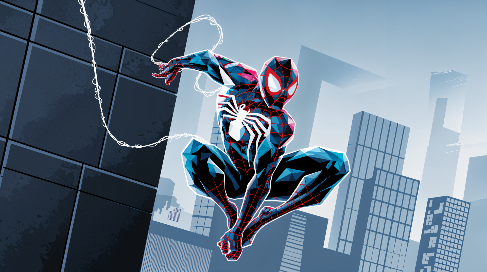 A minimalist comic-style illustration of a superhero swinging through a cityscape, rendered in vibrant colors, designed as a 4K Ultra HD desktop wallpaper and background.