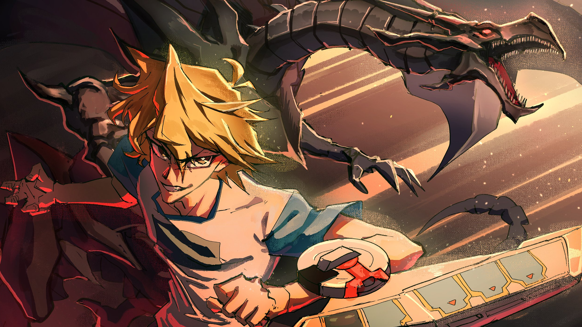 Joey Wheeler from Yu-Gi-Oh! charges forward with his iconic Red-Eyes Black Dragon looming behind him in this vibrant HD anime desktop wallpaper.