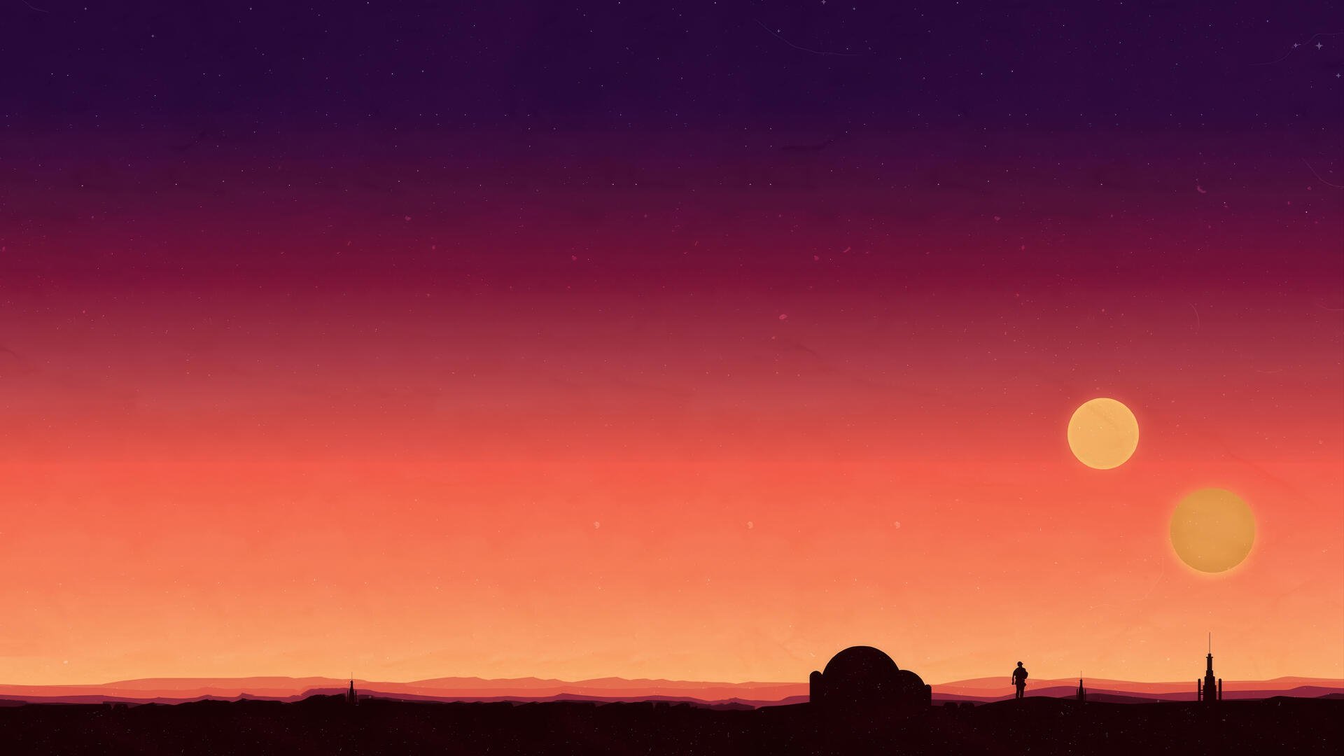 A minimalist 4K Ultra HD wallpaper featuring a stunning Tatooine sunset from the Star Wars universe, capturing two suns against a colorful gradient sky.
