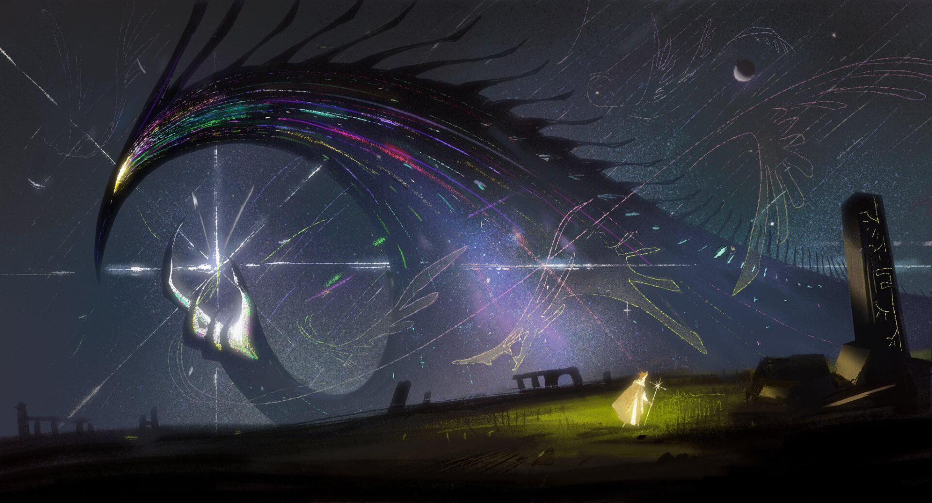 A stunning HD desktop wallpaper featuring a mythical creature, with vibrant colors and dynamic patterns, set against a cosmic background that evokes fantasy and the divine.