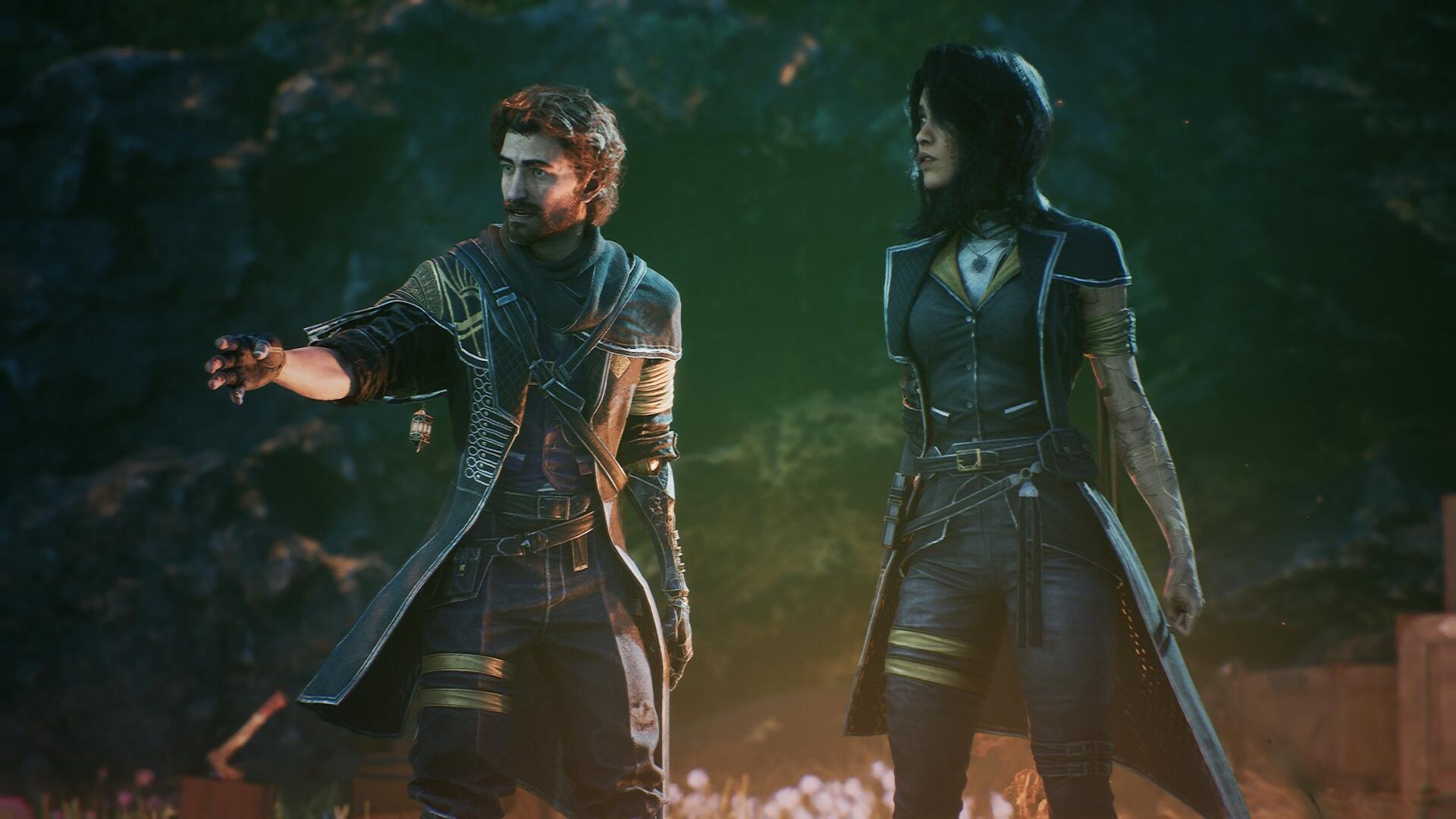 A striking HD wallpaper from the video game Clair Obscur: Expedition 33, featuring two characters in a mysterious, illuminated forest setting.