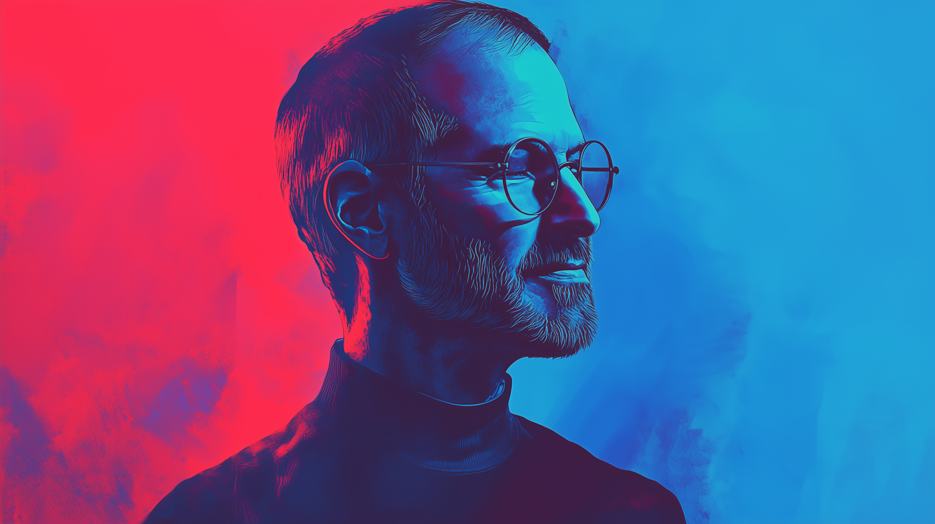 Artistic portrait of Steve Jobs, featuring bold colors and dynamic lighting. This HD image serves as a striking desktop wallpaper and background.